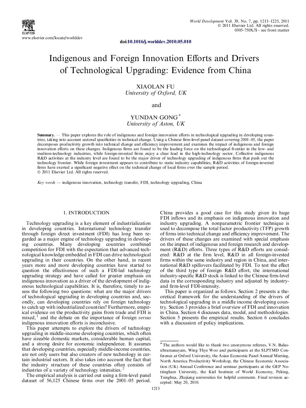 Indigenous and Foreign Innovation Efforts and Drivers of Technological Upgrading: Evidence from China