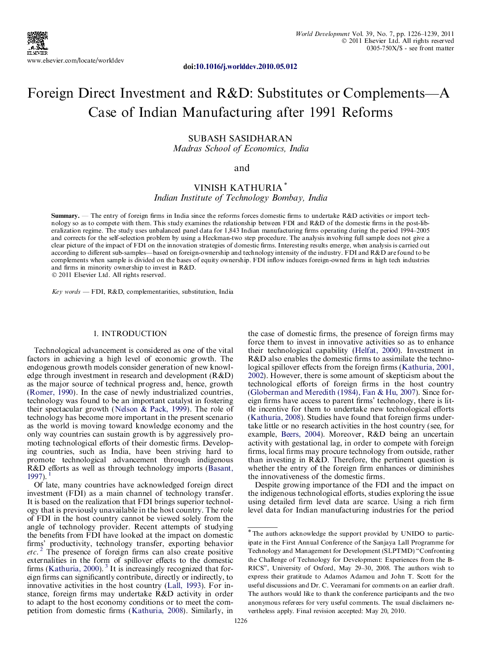 Foreign Direct Investment and R&D: Substitutes or Complements—A Case of Indian Manufacturing after 1991 Reforms