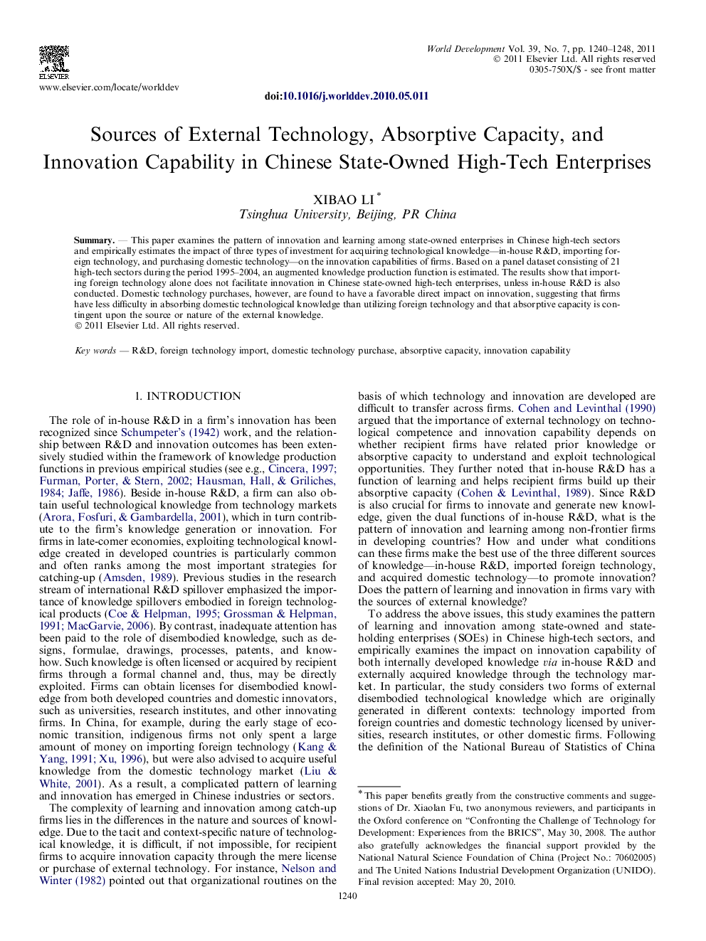 Sources of External Technology, Absorptive Capacity, and Innovation Capability in Chinese State-Owned High-Tech Enterprises