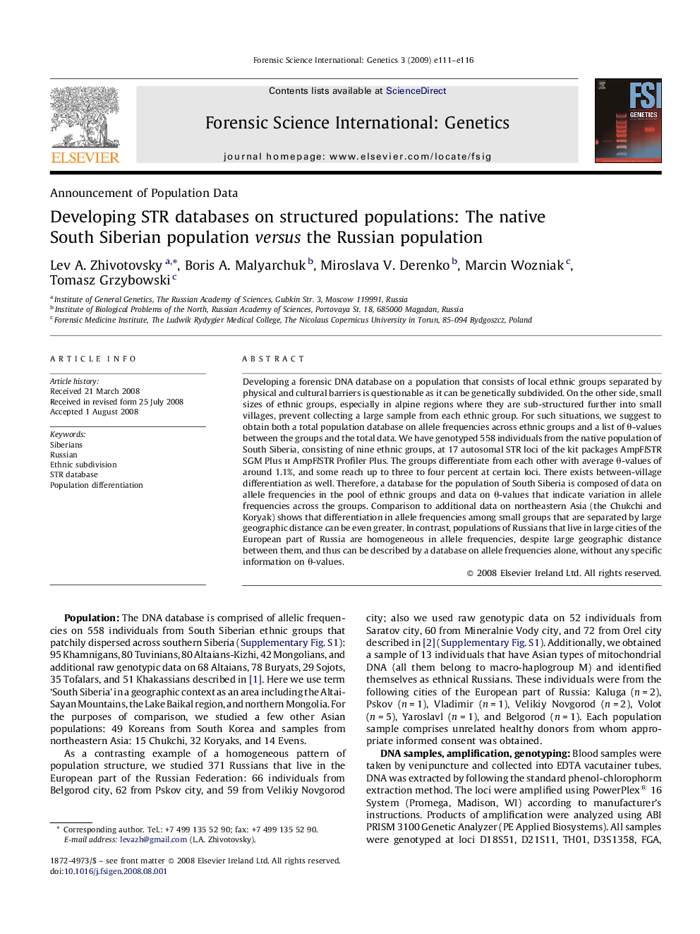 Developing STR databases on structured populations: The native South Siberian population versus the Russian population