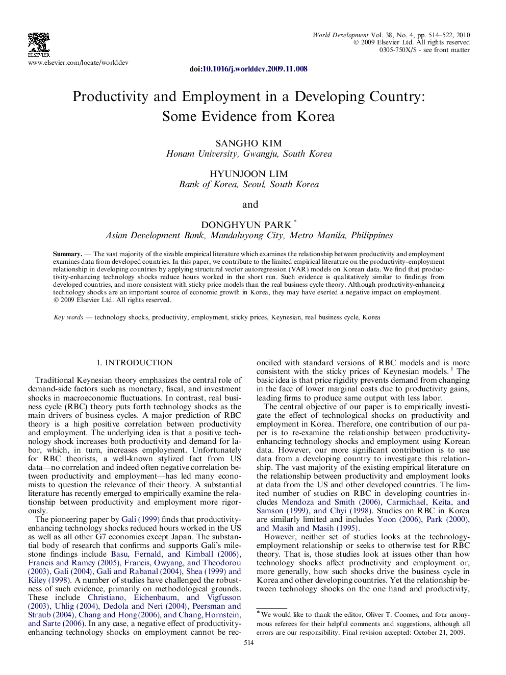 Productivity and Employment in a Developing Country: Some Evidence from Korea