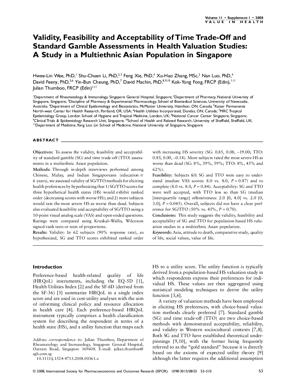Validity, Feasibility and Acceptability of Time Trade-Off and Standard Gamble Assessments in Health Valuation Studies: A Study in a Multiethnic Asian Population in Singapore