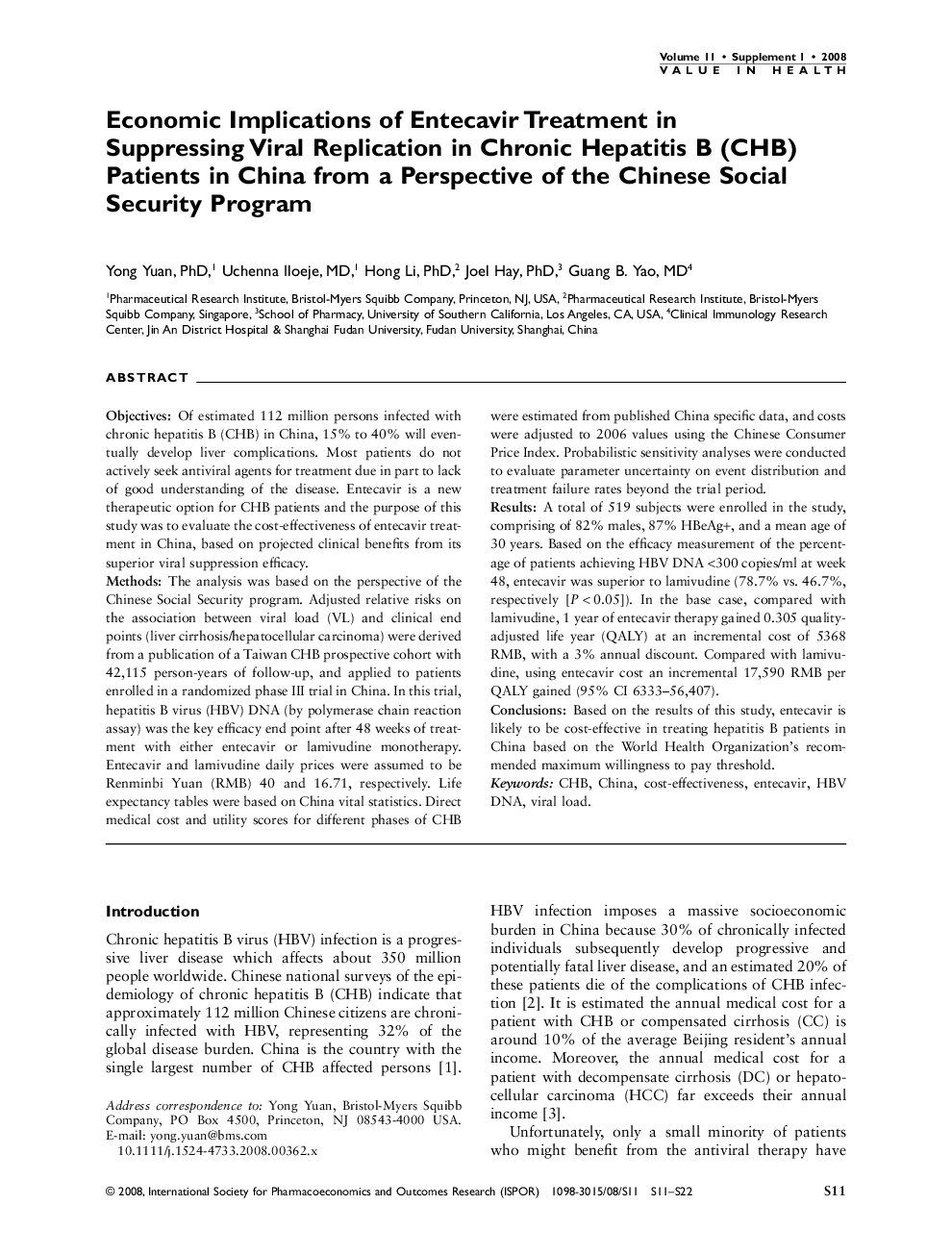 Economic Implications of Entecavir Treatment in Suppressing Viral Replication in Chronic Hepatitis B (CHB) Patients in China from a Perspective of the Chinese Social Security Program