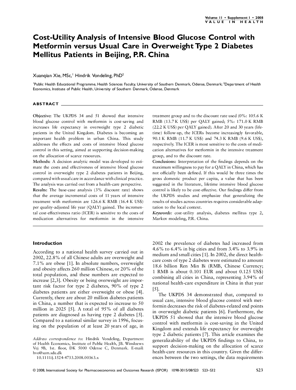 Cost-Utility Analysis of Intensive Blood Glucose Control with Metformin versus Usual Care in Overweight Type 2 Diabetes Mellitus Patients in Beijing, P.R. China
