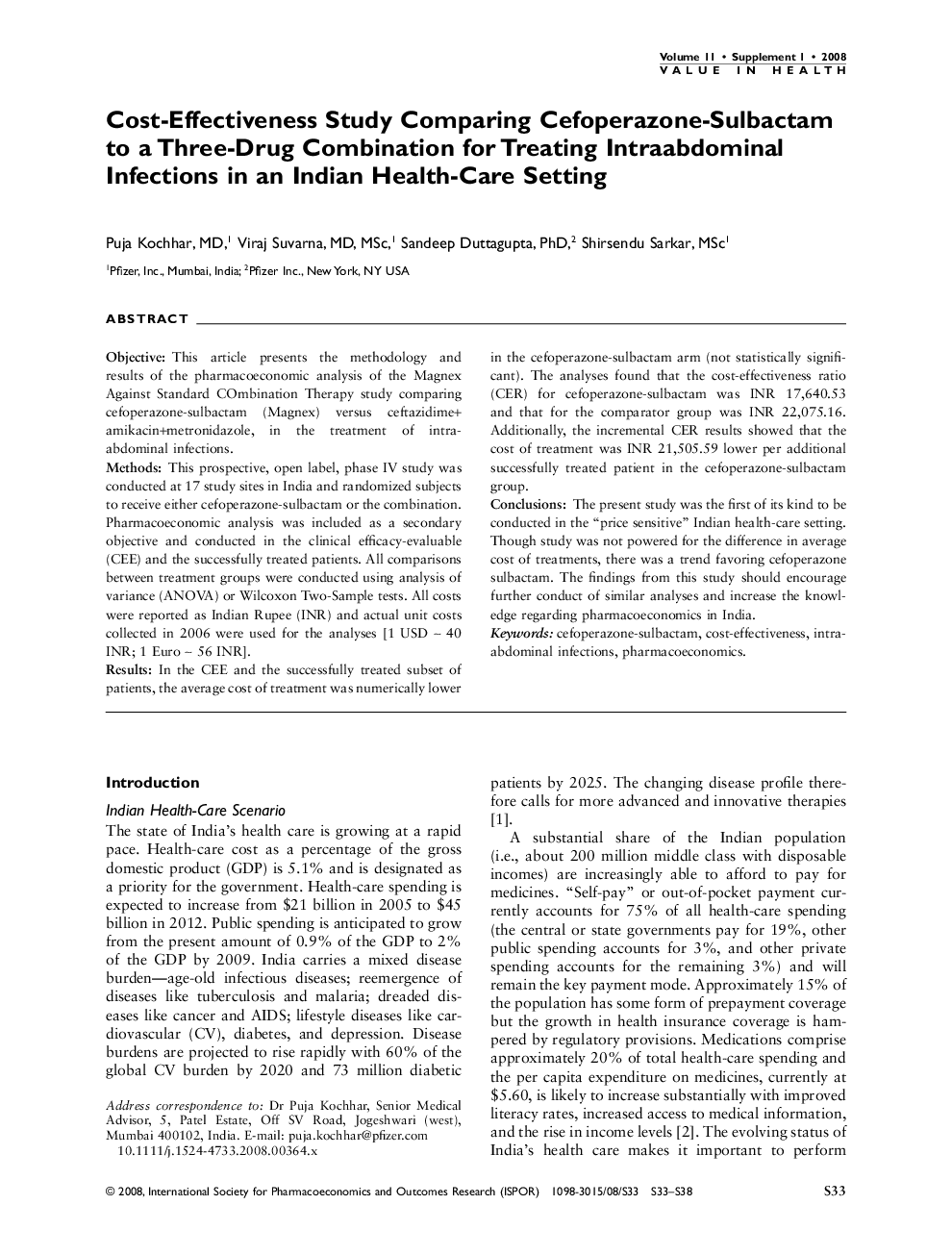 Cost-Effectiveness Study Comparing Cefoperazone-Sulbactam to a Three-Drug Combination for Treating Intraabdominal Infections in an Indian Health-Care Setting