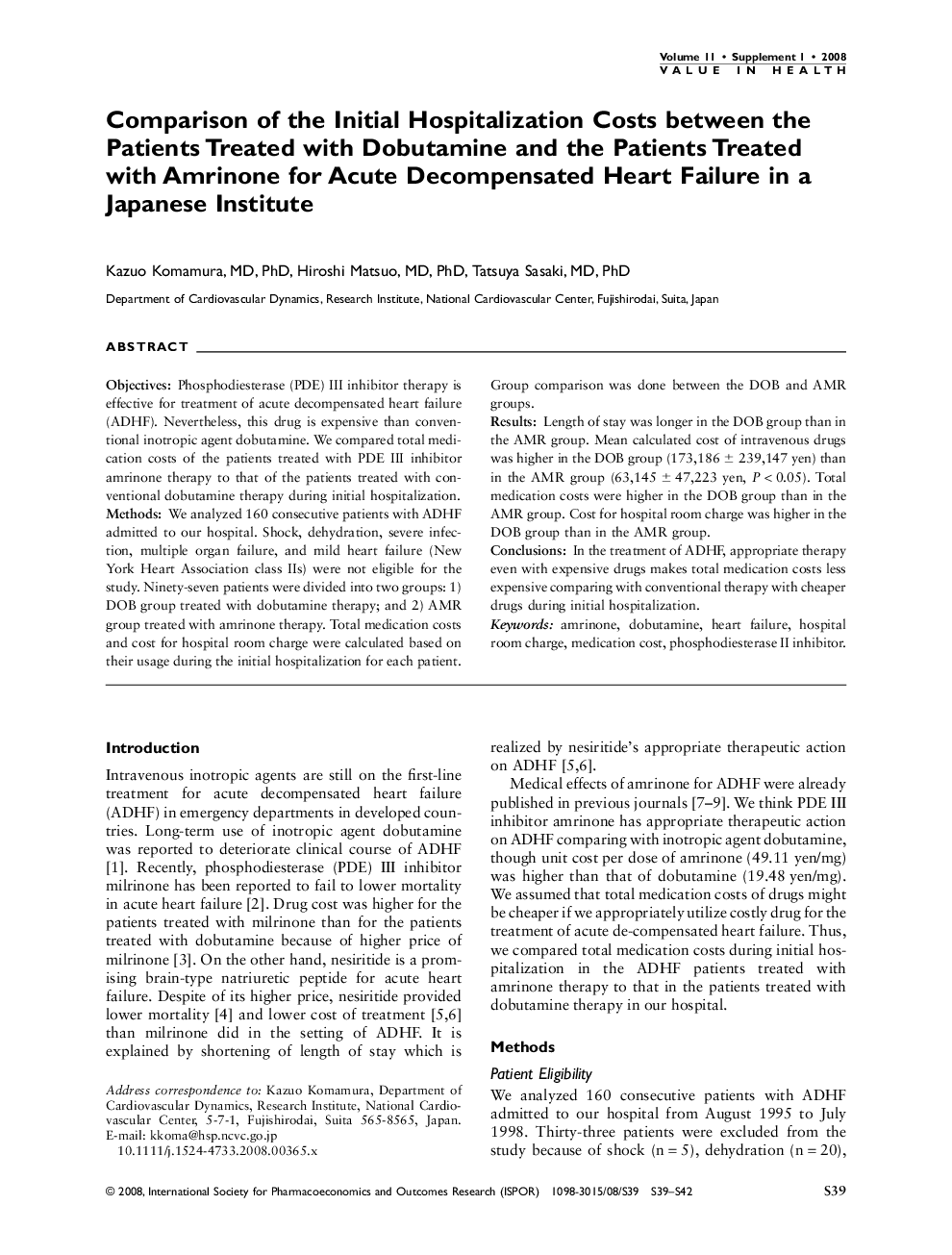 Comparison of the Initial Hospitalization Costs between the Patients Treated with Dobutamine and the Patients Treated with Amrinone for Acute Decompensated Heart Failure in a Japanese Institute