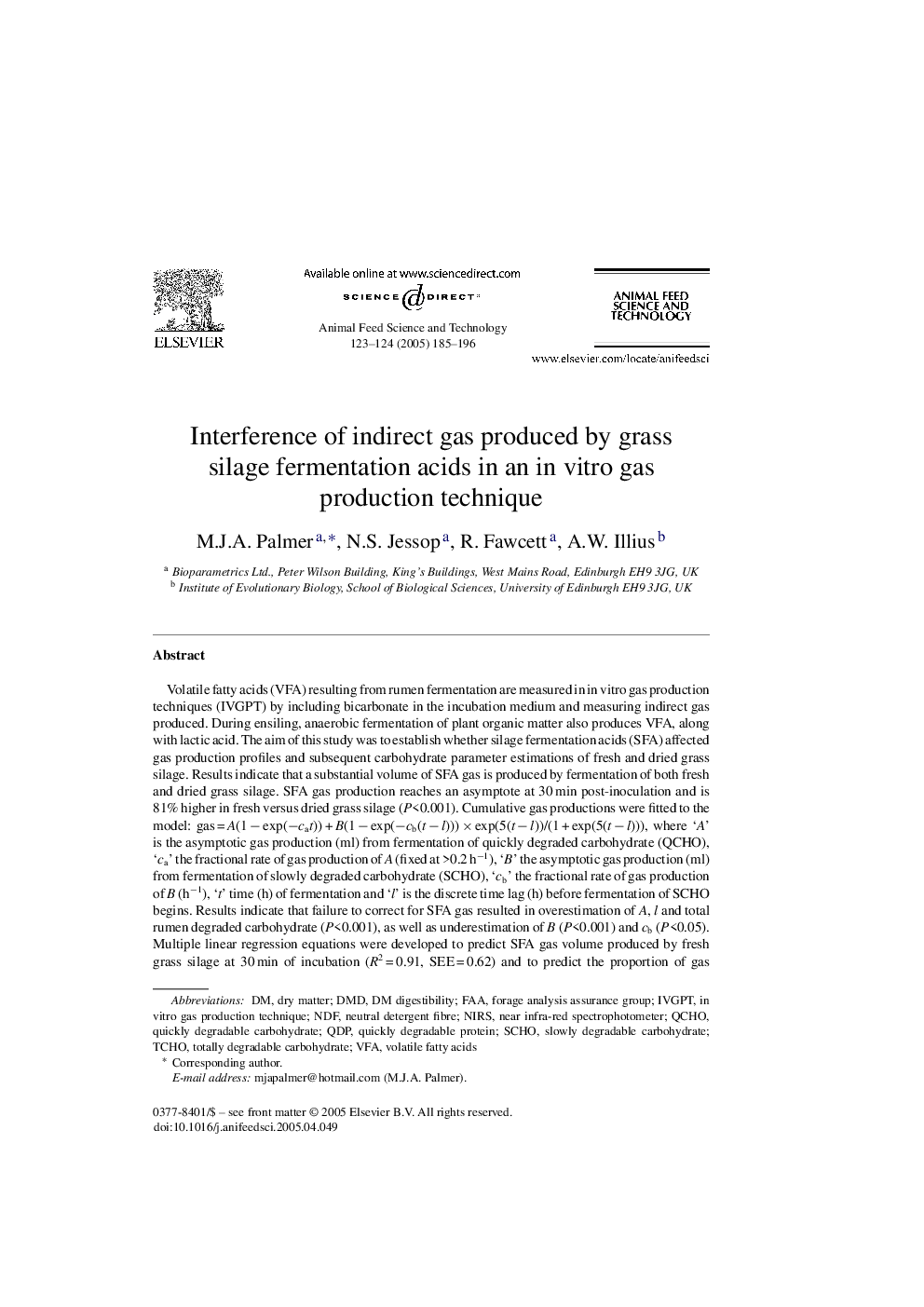 Interference of indirect gas produced by grass silage fermentation acids in an in vitro gas production technique