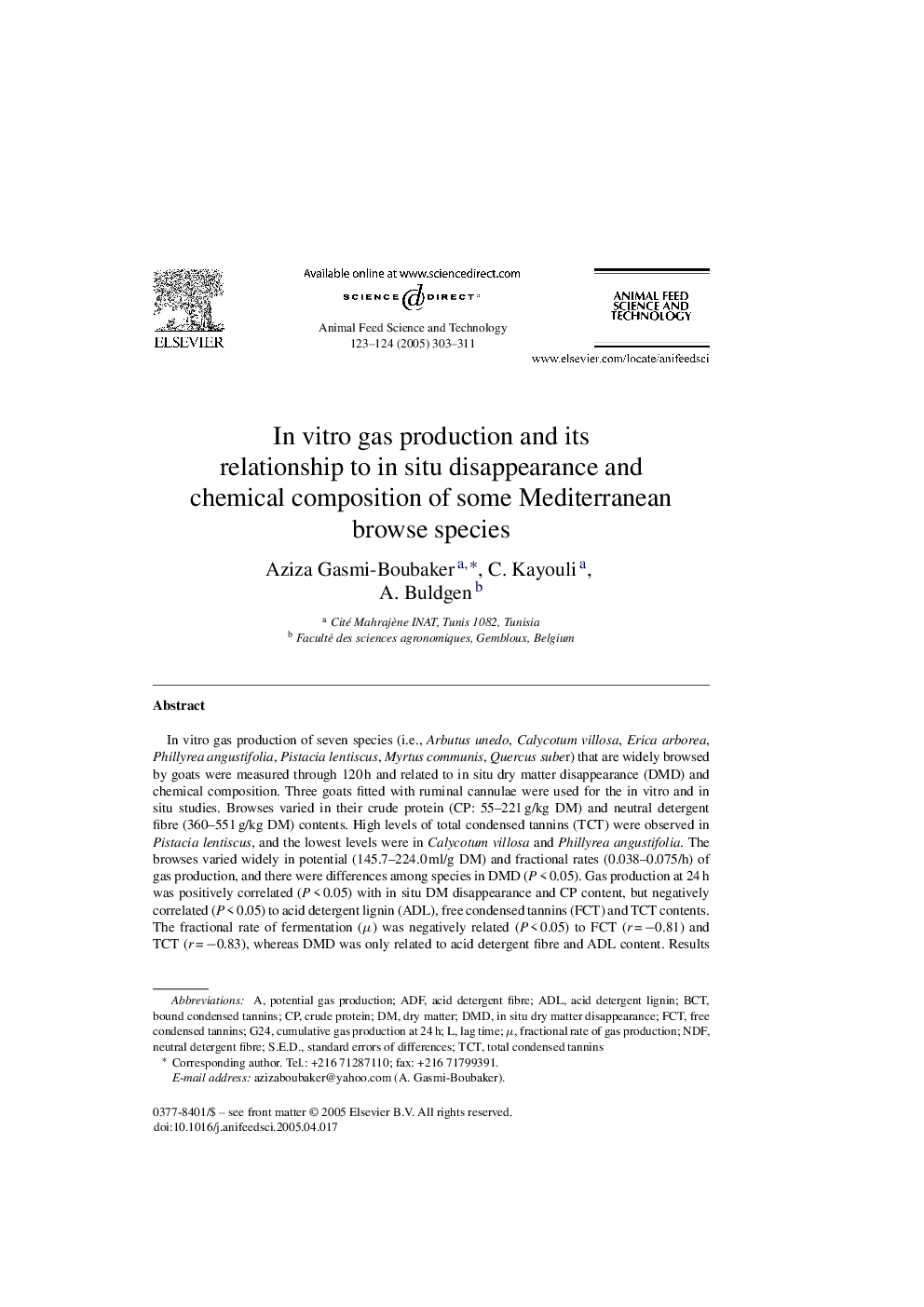 In vitro gas production and its relationship to in situ disappearance and chemical composition of some Mediterranean browse species