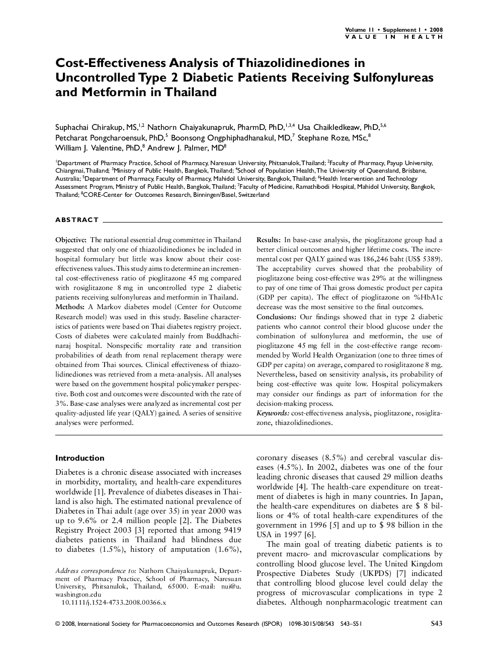 Cost-Effectiveness Analysis of Thiazolidinediones in Uncontrolled Type 2 Diabetic Patients Receiving Sulfonylureas and Metformin in Thailand