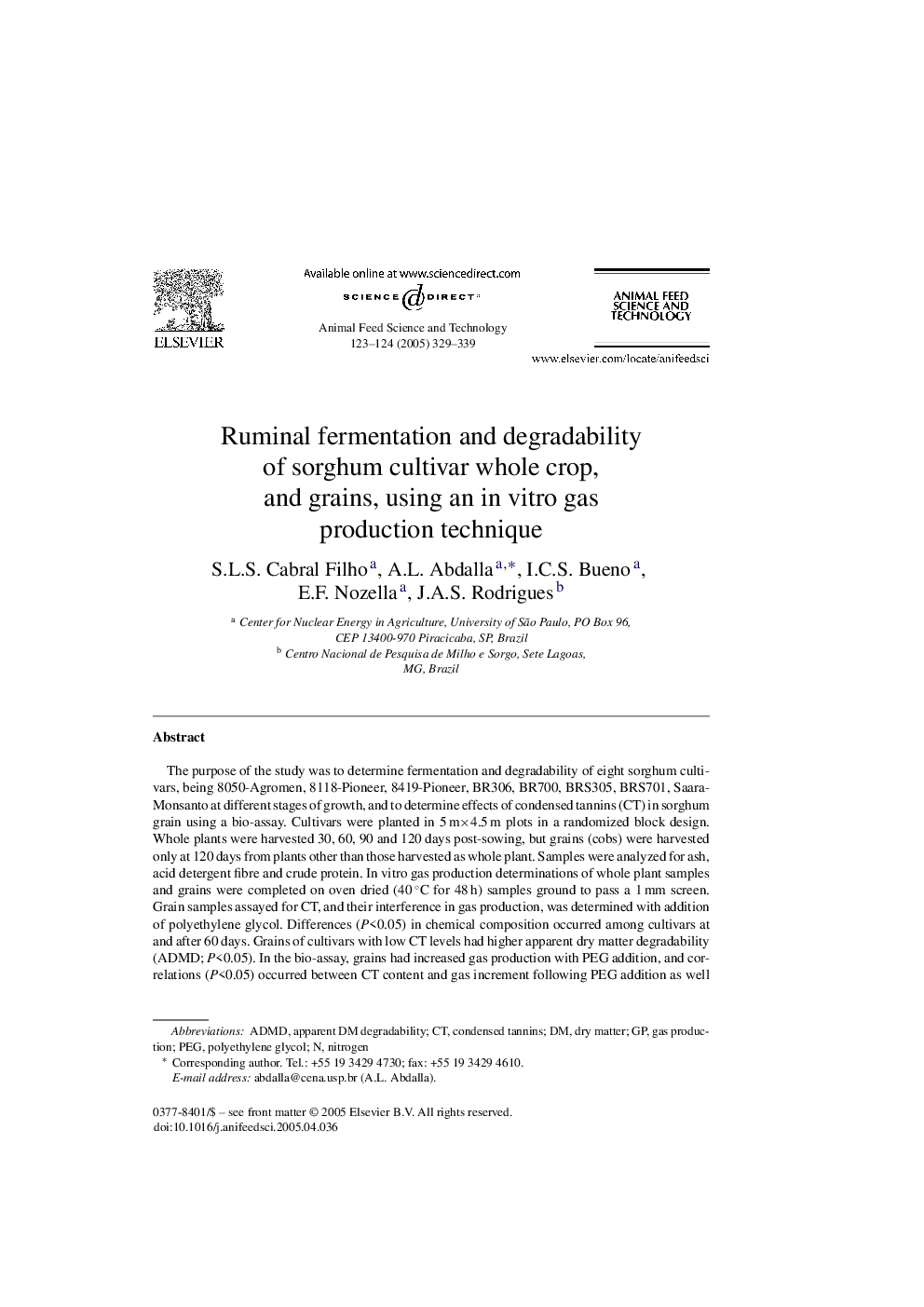 Ruminal fermentation and degradability of sorghum cultivar whole crop, and grains, using an in vitro gas production technique