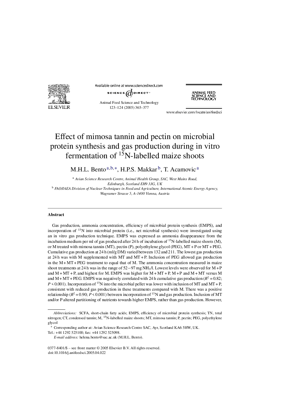 Effect of mimosa tannin and pectin on microbial protein synthesis and gas production during in vitro fermentation of 15N-labelled maize shoots