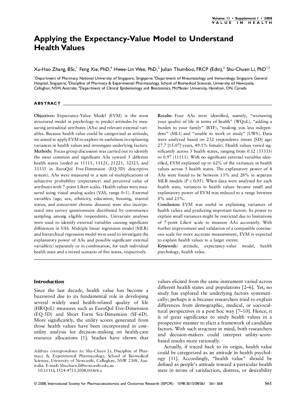 Applying the Expectancy-Value Model to Understand Health Values