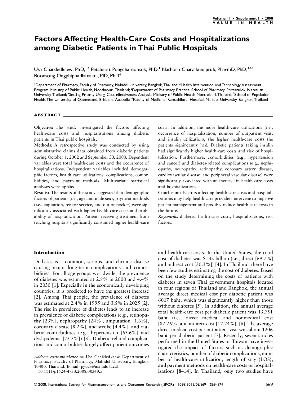 Factors Affecting Health-Care Costs and Hospitalizations among Diabetic Patients in Thai Public Hospitals