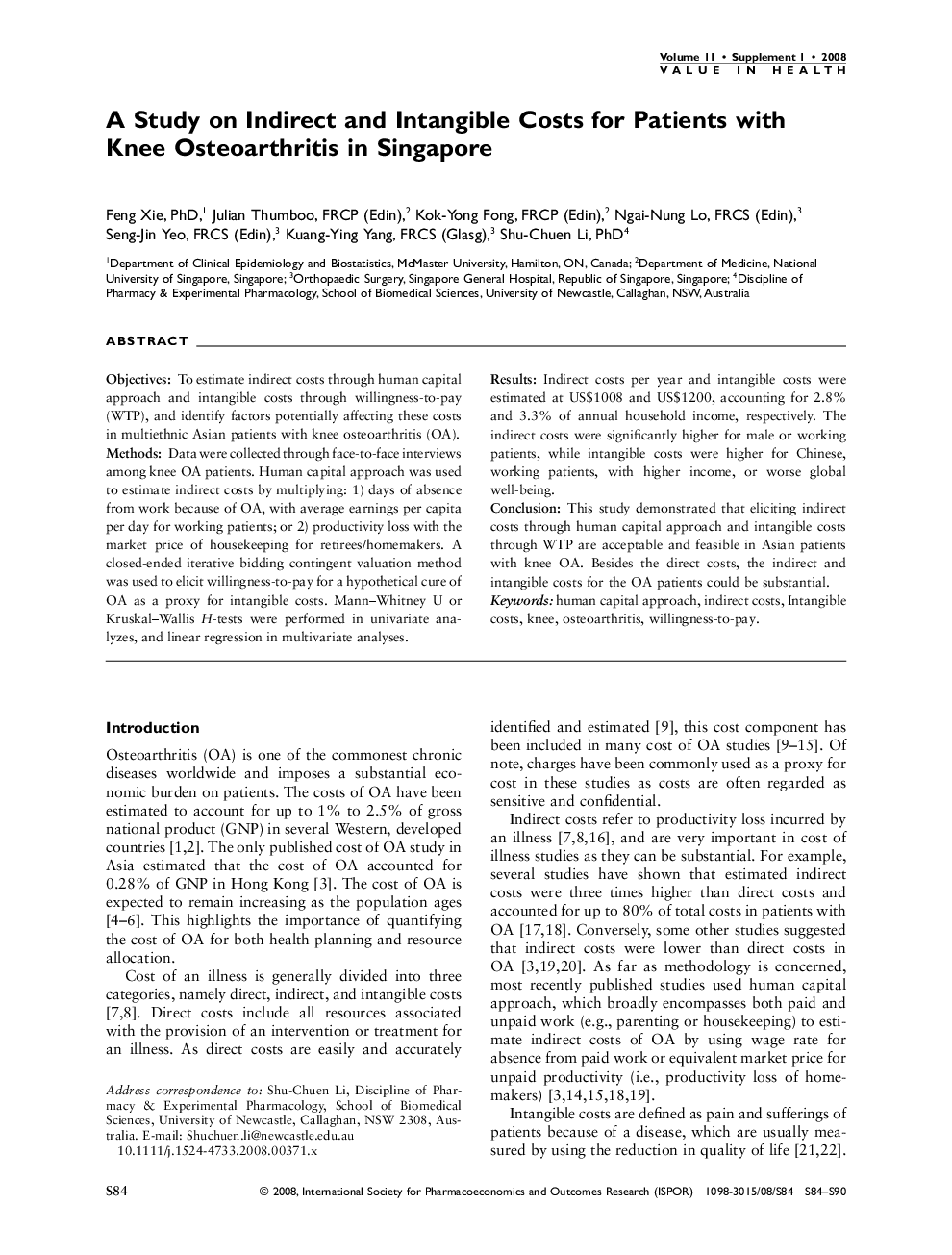 A Study on Indirect and Intangible Costs for Patients with Knee Osteoarthritis in Singapore