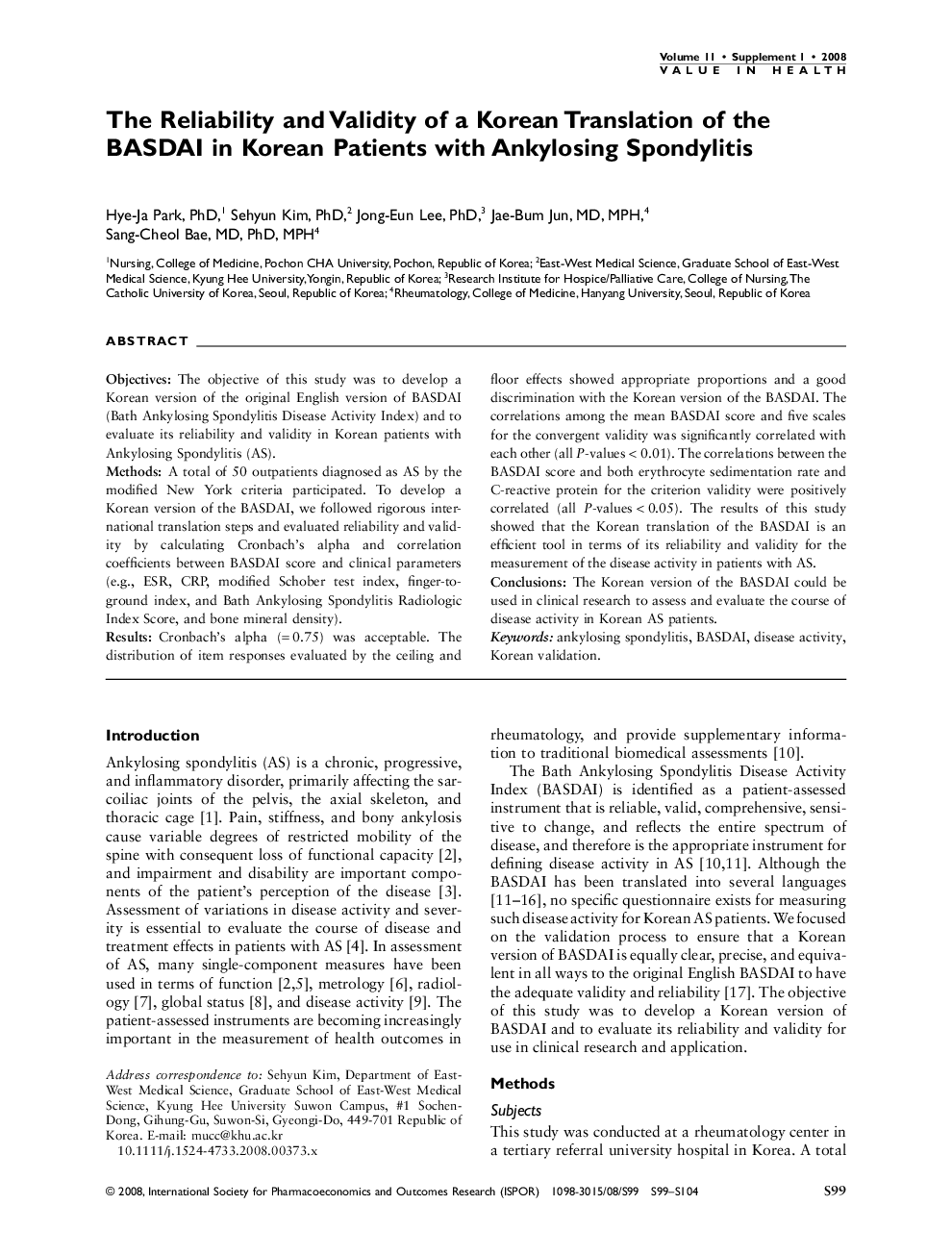 The Reliability and Validity of a Korean Translation of the BASDAI in Korean Patients with Ankylosing Spondylitis