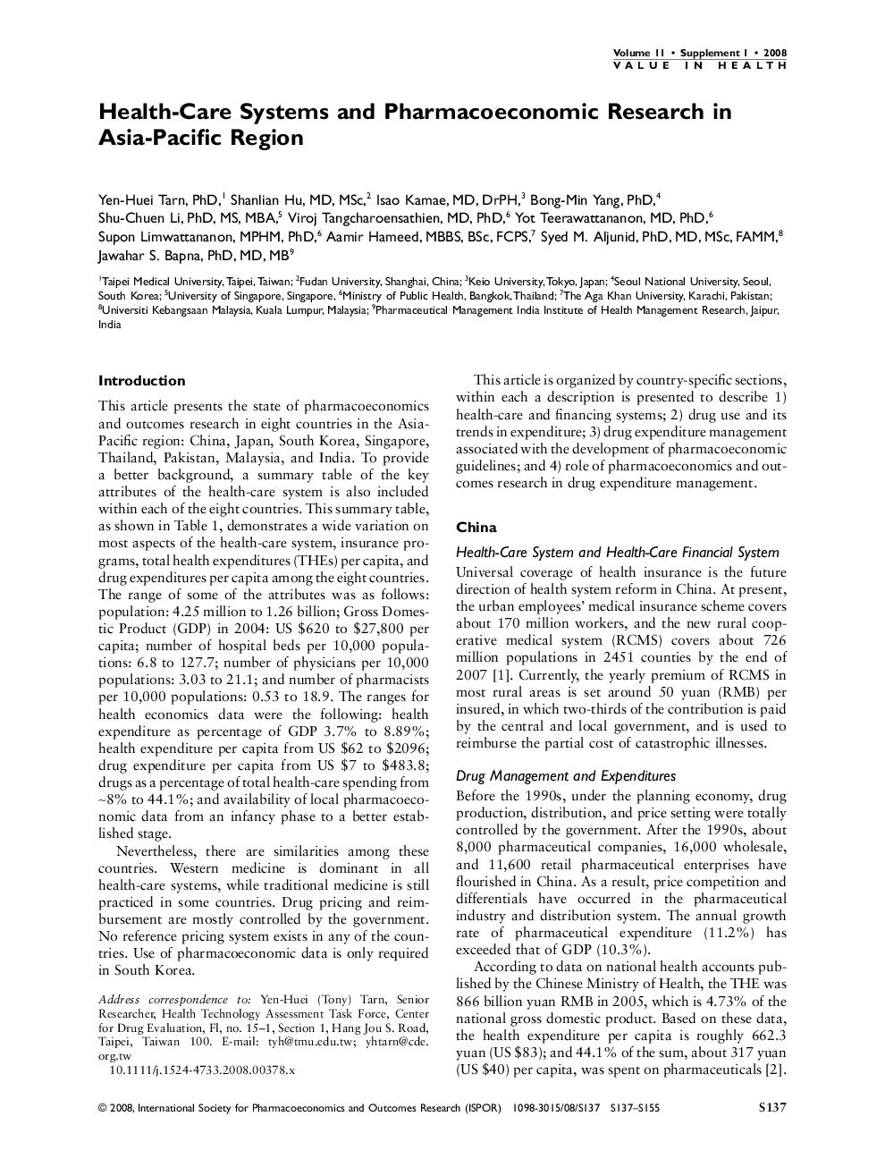 Health-Care Systems and Pharmacoeconomic Research in Asia-Pacific Region