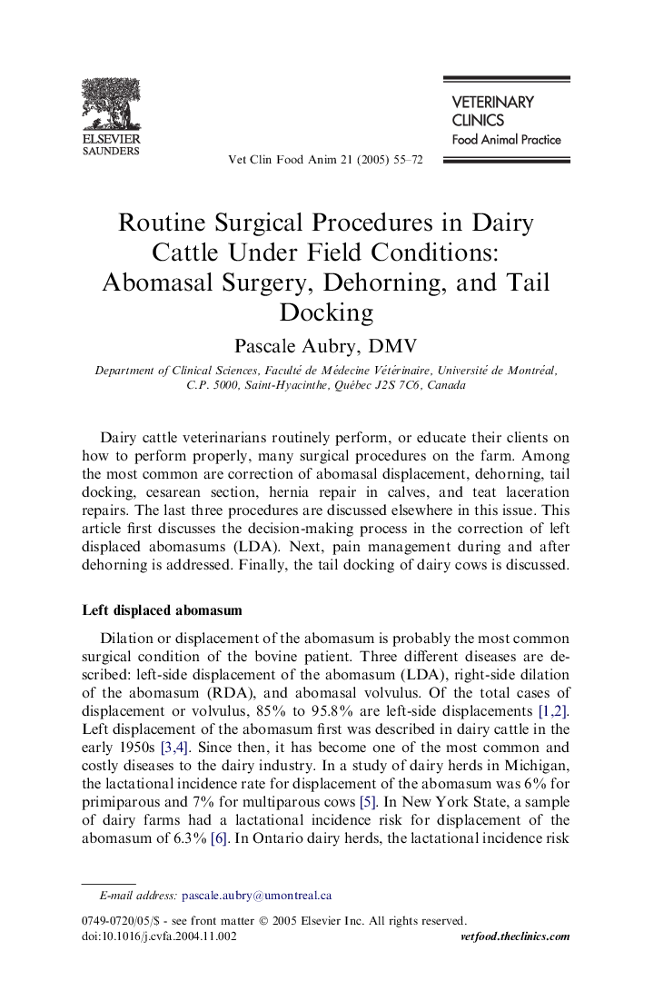 Routine surgical procedures in dairy cattle under field conditions: Abomasal surgery, dehorning, and tail docking