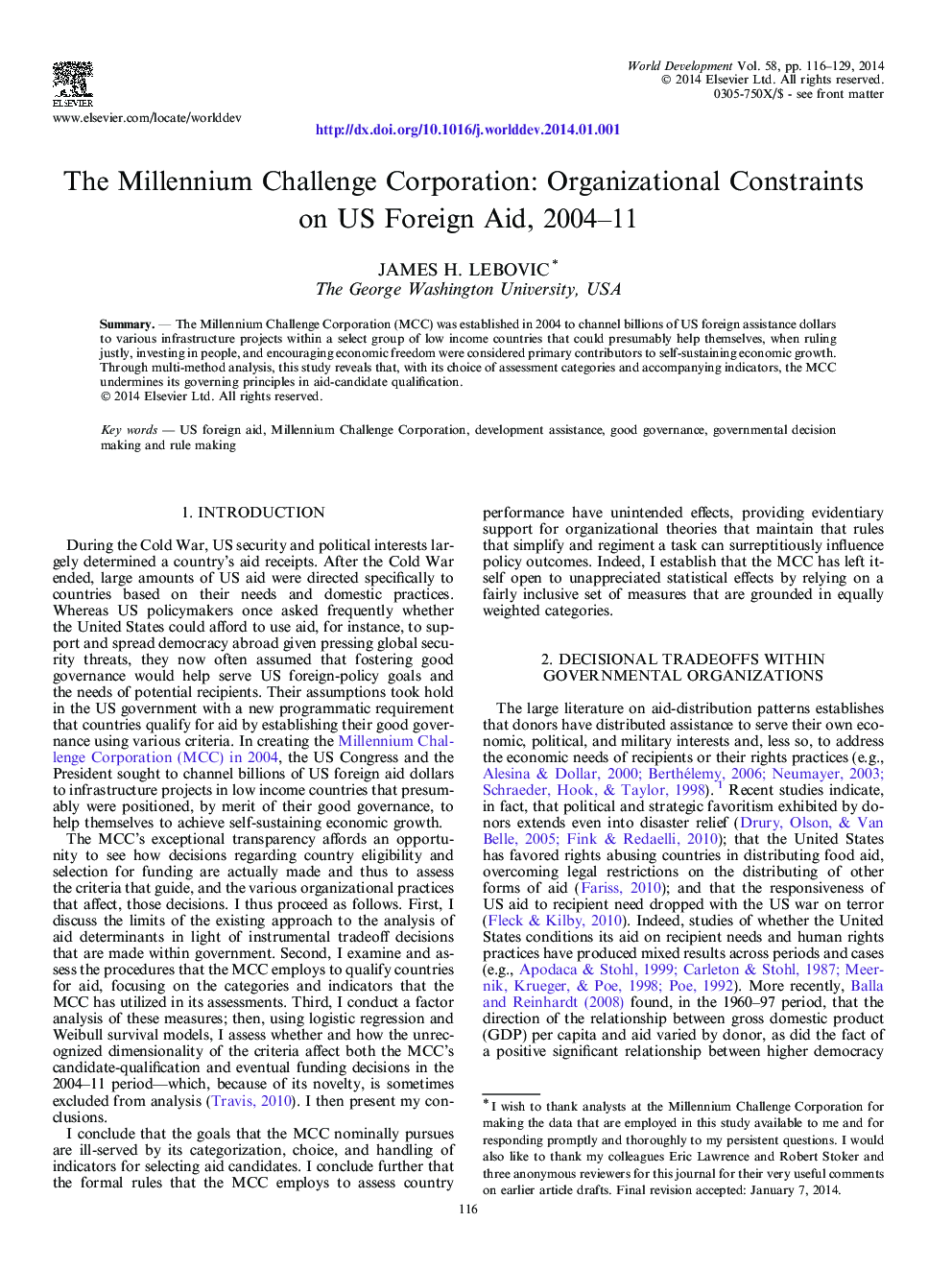 The Millennium Challenge Corporation: Organizational Constraints on US Foreign Aid, 2004–11