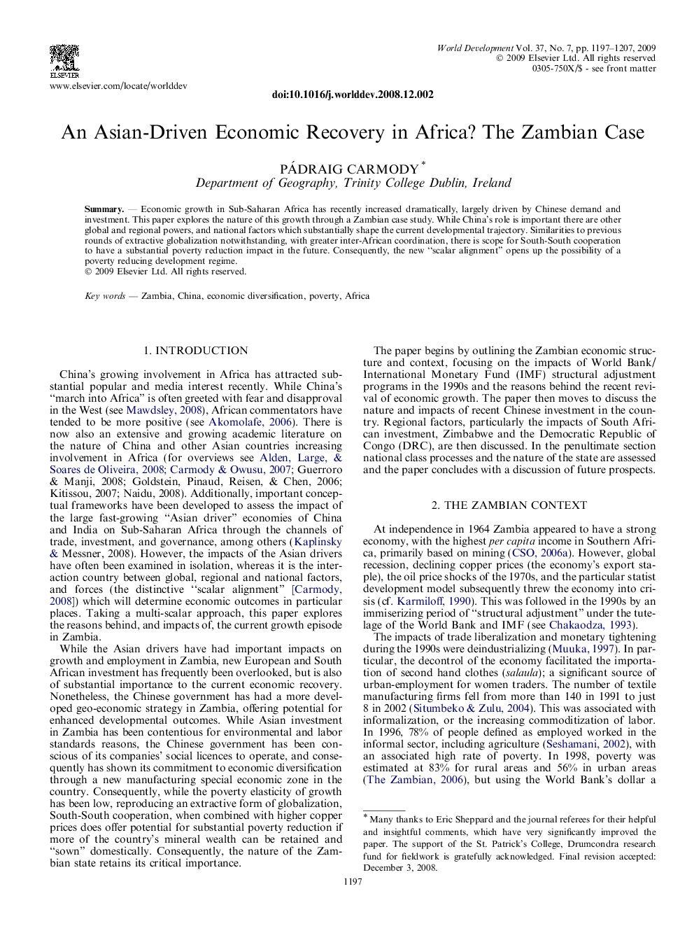 An Asian-Driven Economic Recovery in Africa? The Zambian Case