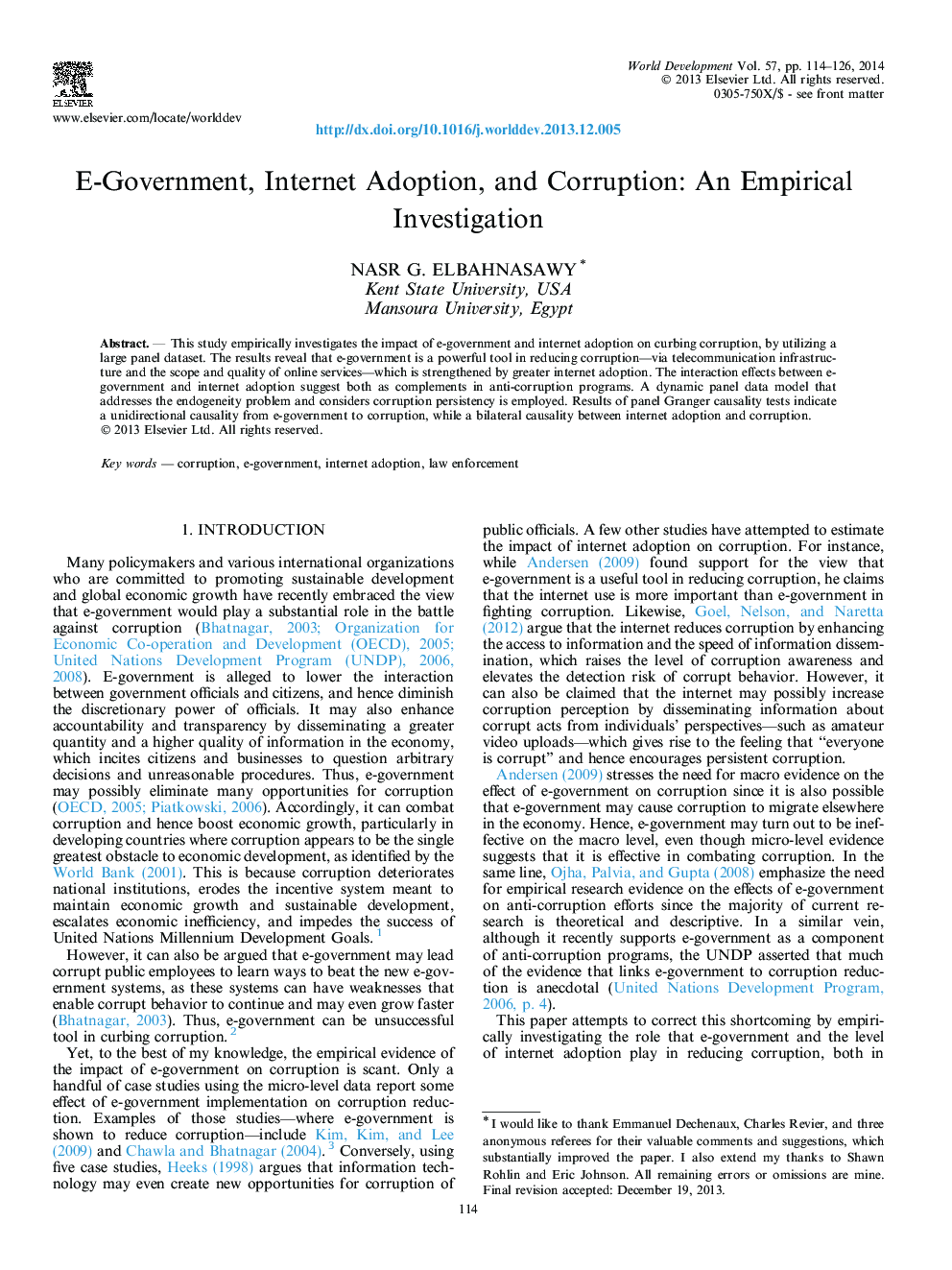 E-Government, Internet Adoption, and Corruption: An Empirical Investigation