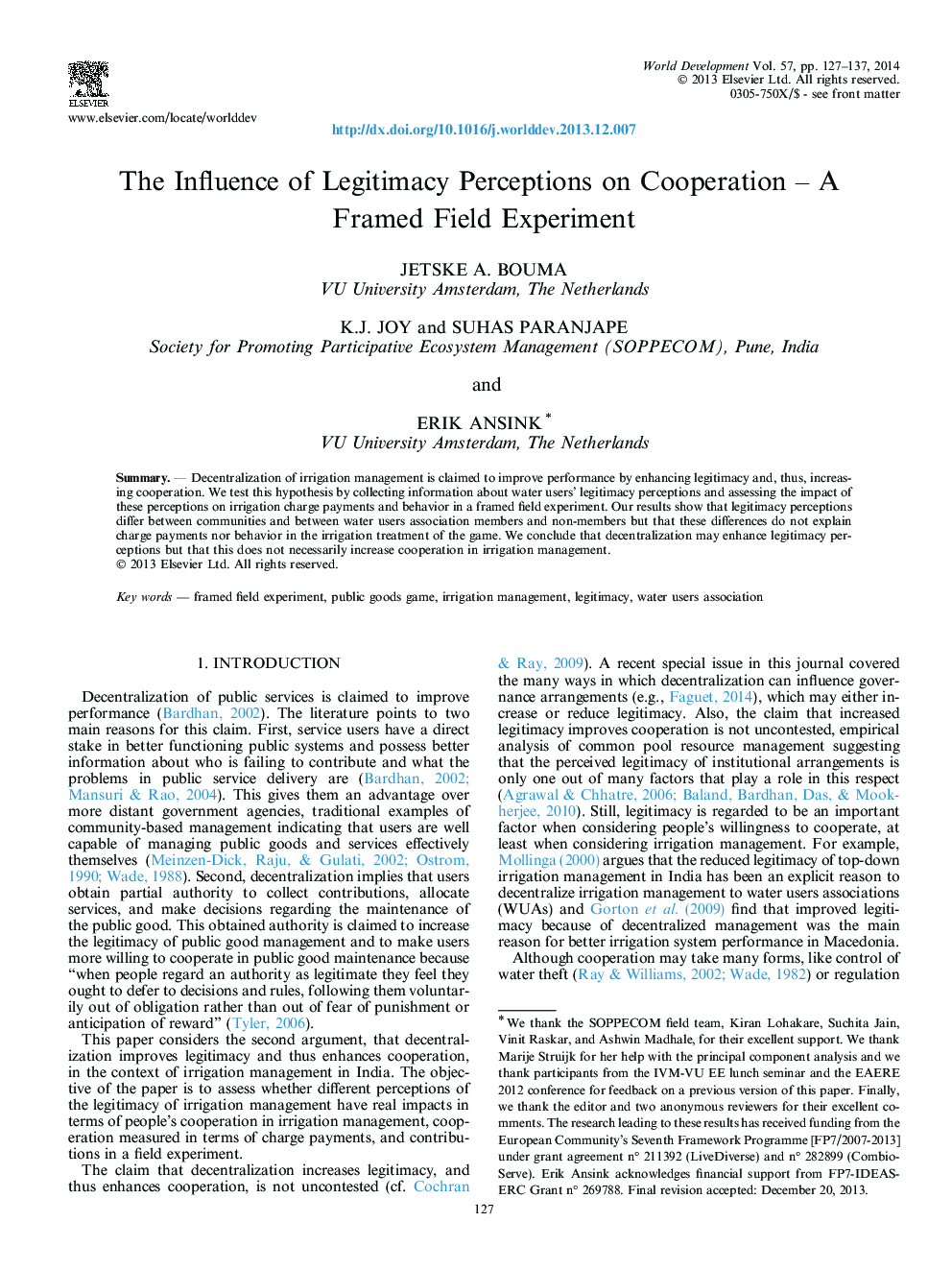 The Influence of Legitimacy Perceptions on Cooperation – A Framed Field Experiment