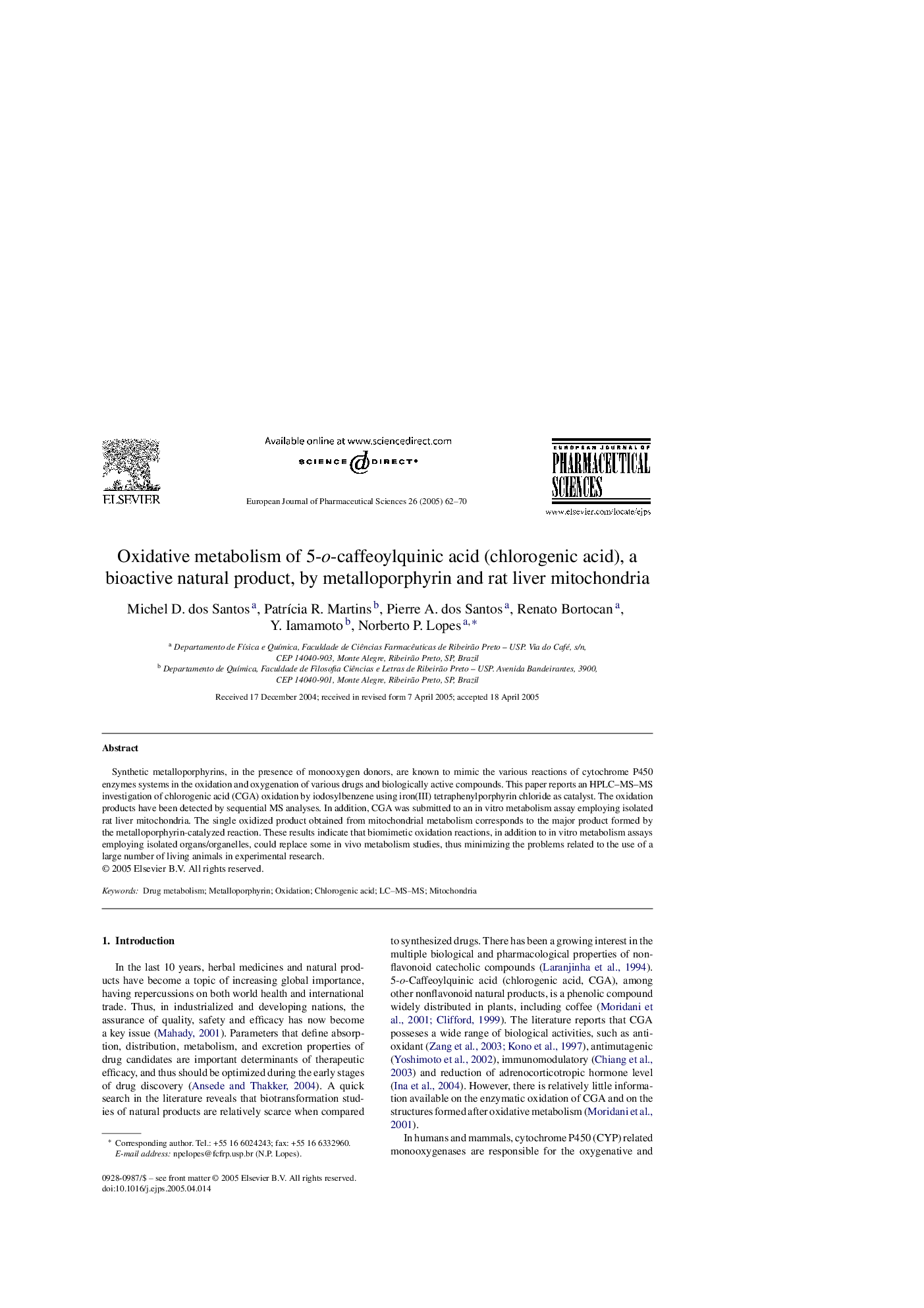 Oxidative metabolism of 5-o-caffeoylquinic acid (chlorogenic acid), a bioactive natural product, by metalloporphyrin and rat liver mitochondria