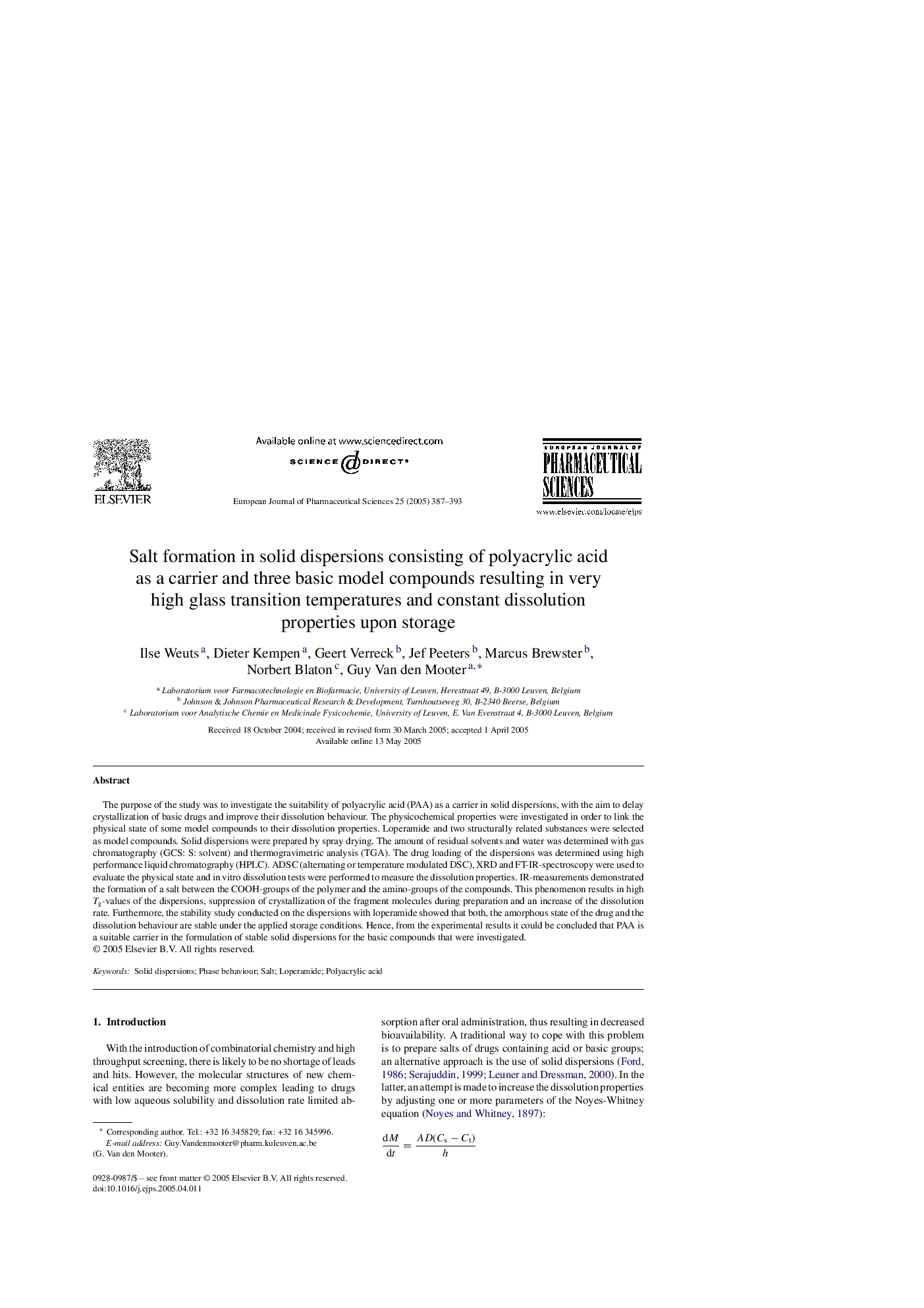 Salt formation in solid dispersions consisting of polyacrylic acid as a carrier and three basic model compounds resulting in very high glass transition temperatures and constant dissolution properties upon storage