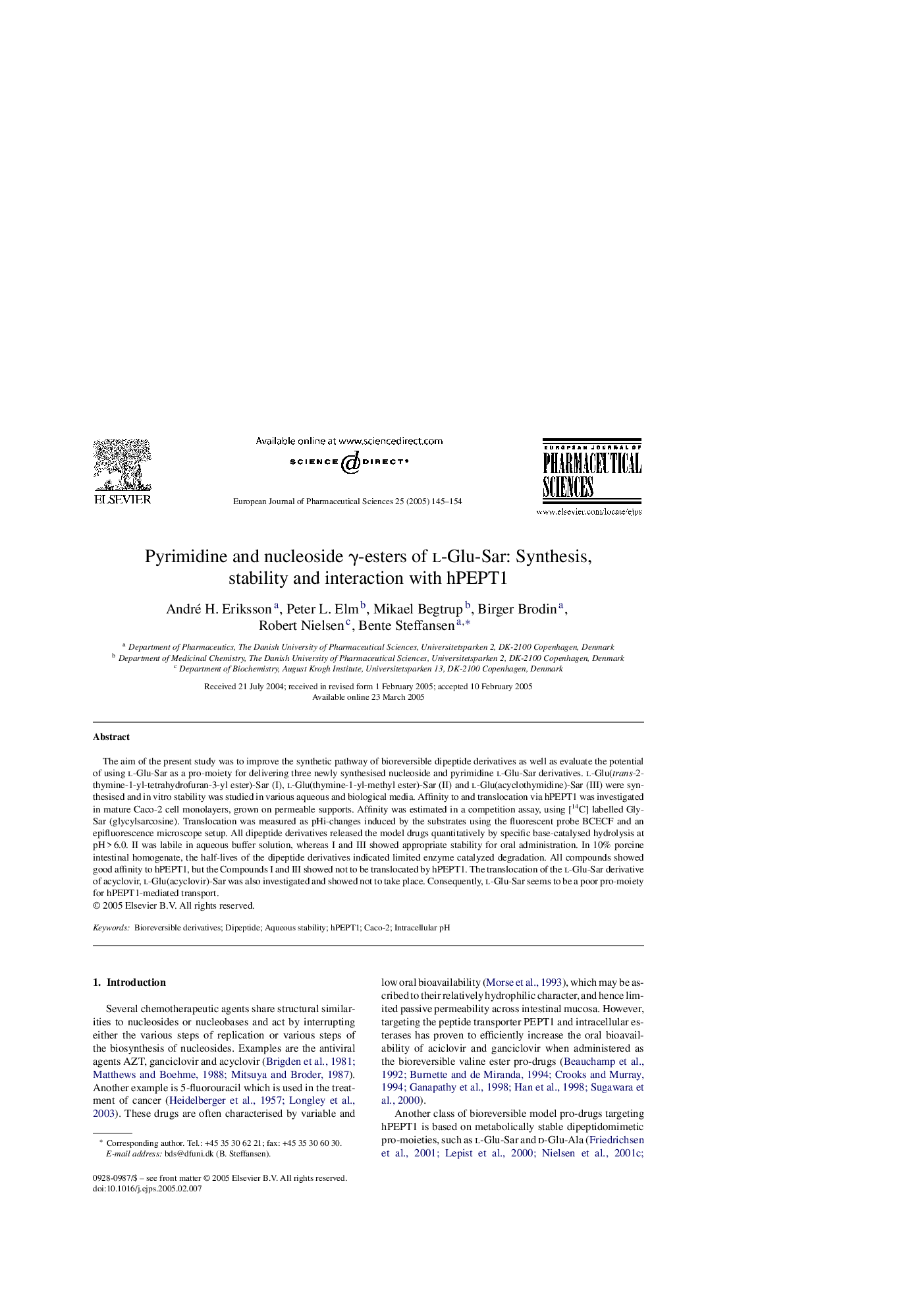 Pyrimidine and nucleoside Î³-esters of l-Glu-Sar: Synthesis, stability and interaction with hPEPT1