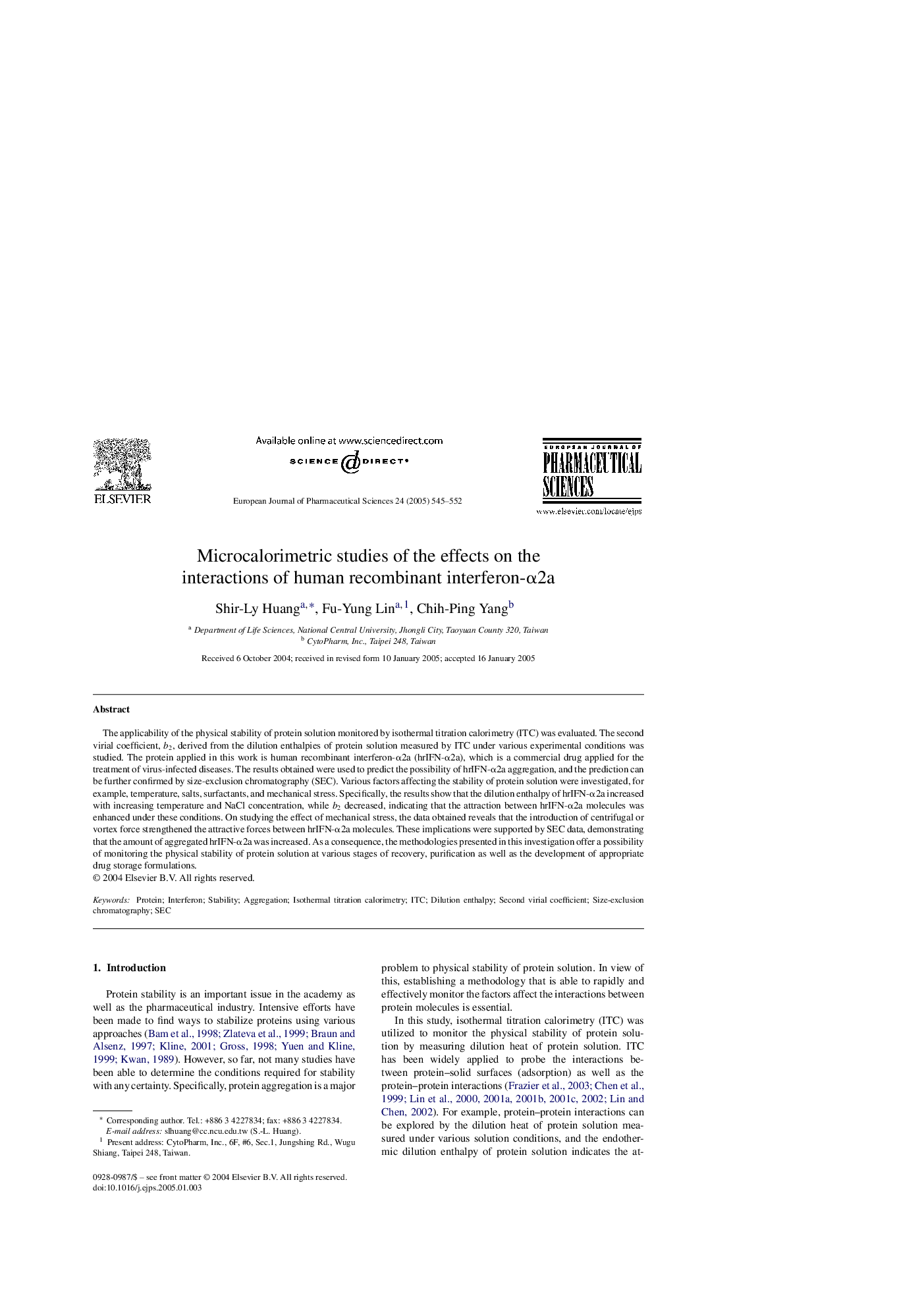 Microcalorimetric studies of the effects on the interactions of human recombinant interferon-Î±2a