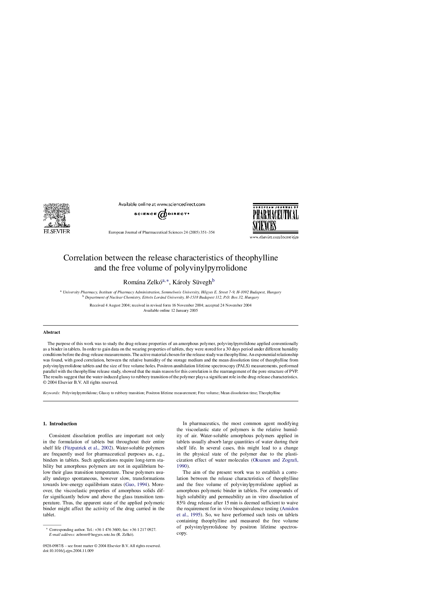 Correlation between the release characteristics of theophylline and the free volume of polyvinylpyrrolidone