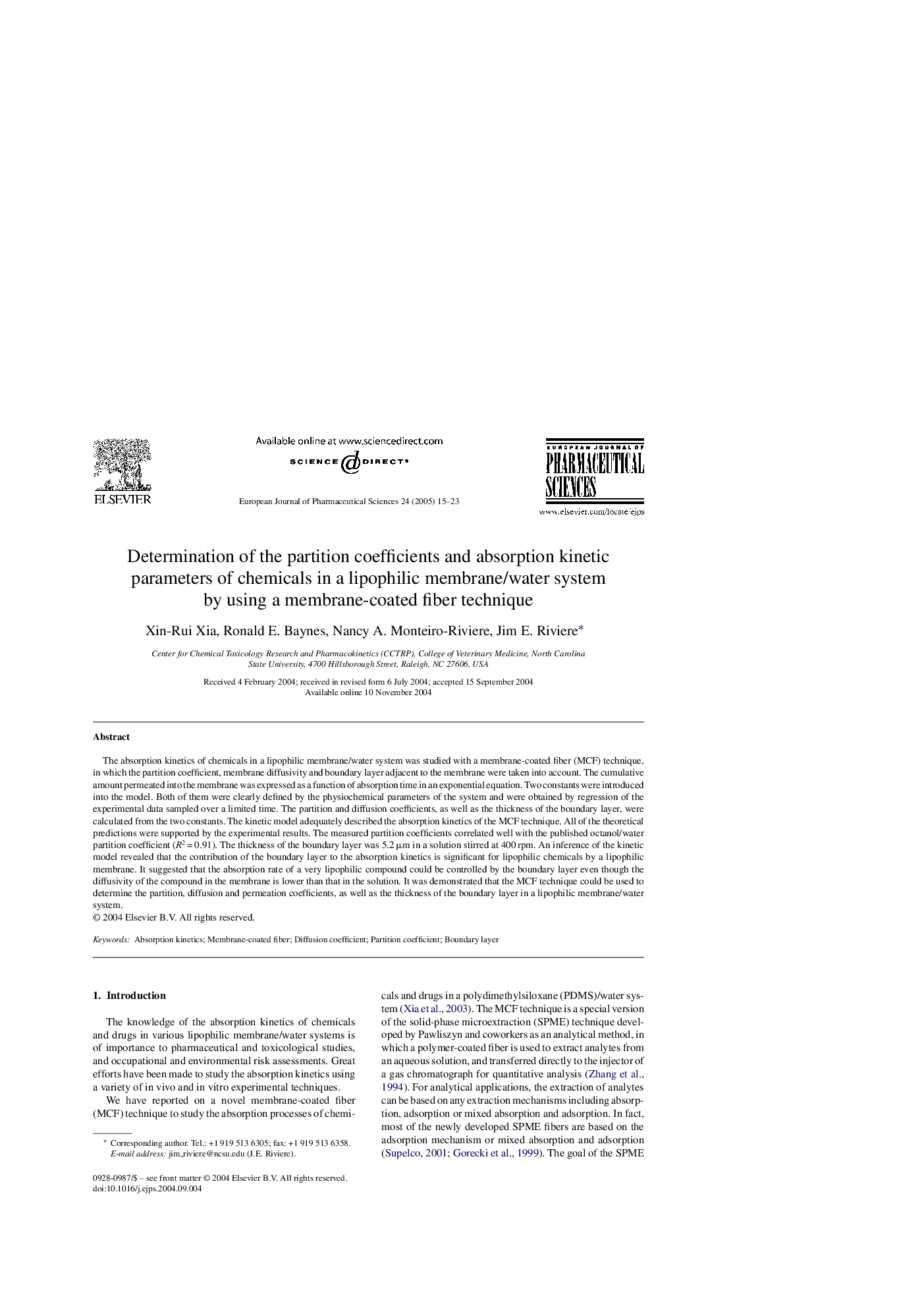 Determination of the partition coefficients and absorption kinetic parameters of chemicals in a lipophilic membrane/water system by using a membrane-coated fiber technique