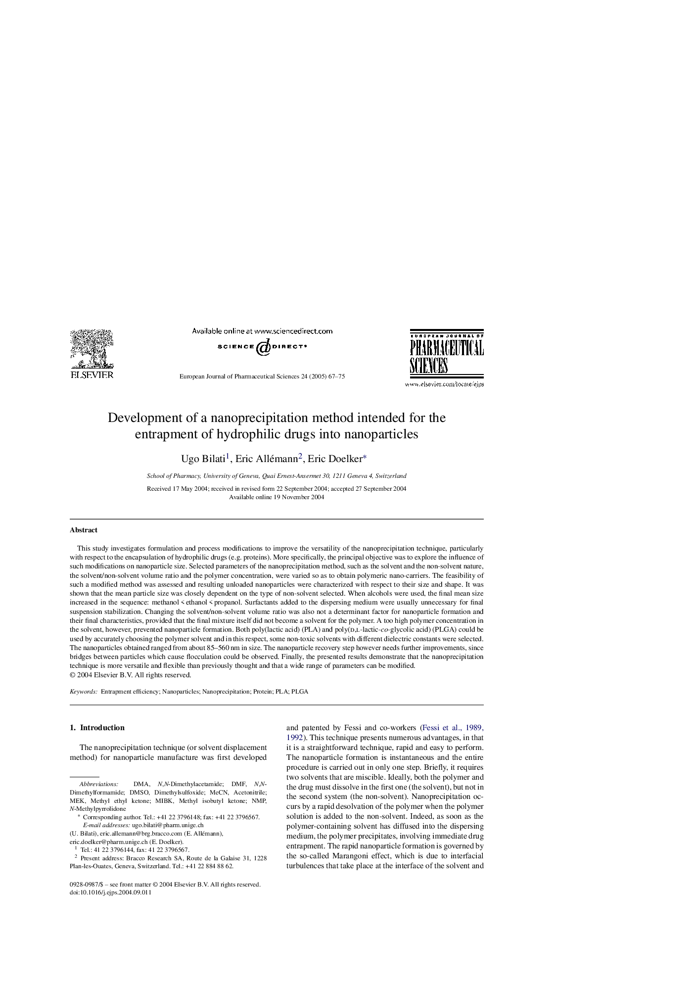 Development of a nanoprecipitation method intended for the entrapment of hydrophilic drugs into nanoparticles