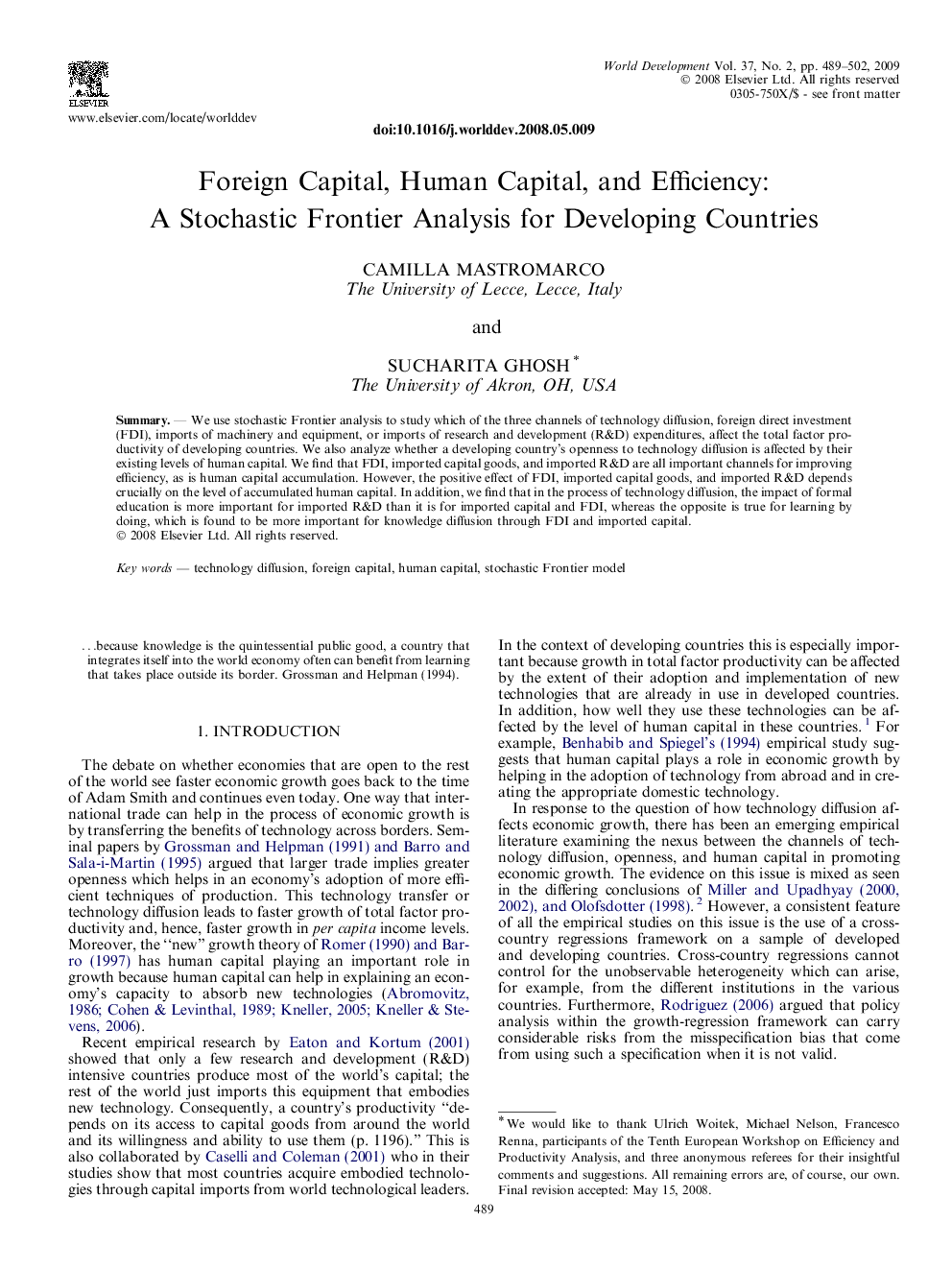 Foreign Capital, Human Capital, and Efficiency: A Stochastic Frontier Analysis for Developing Countries