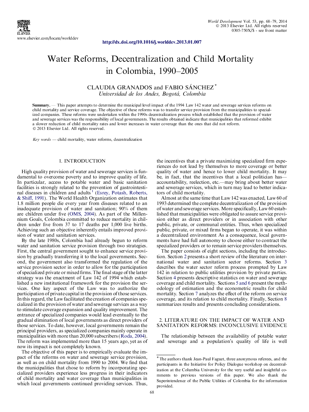 Water Reforms, Decentralization and Child Mortality in Colombia, 1990–2005