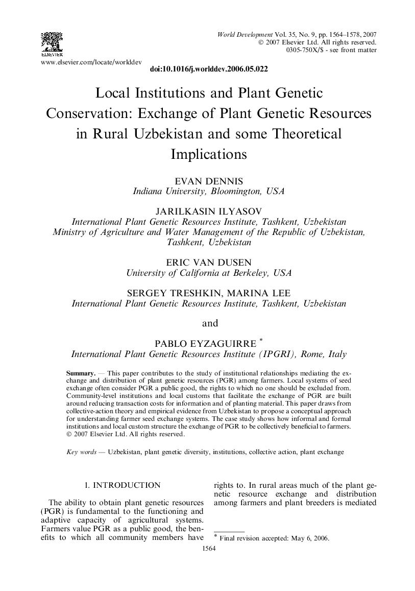 Local Institutions and Plant Genetic Conservation: Exchange of Plant Genetic Resources in Rural Uzbekistan and some Theoretical Implications