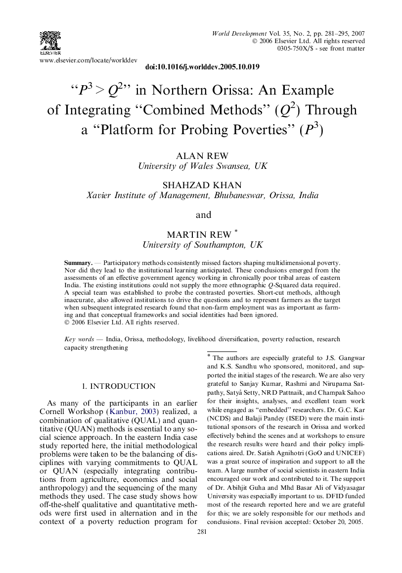 “P3 > Q2” in Northern Orissa: An Example of Integrating “Combined Methods” (Q2) Through a “Platform for Probing Poverties” (P3)