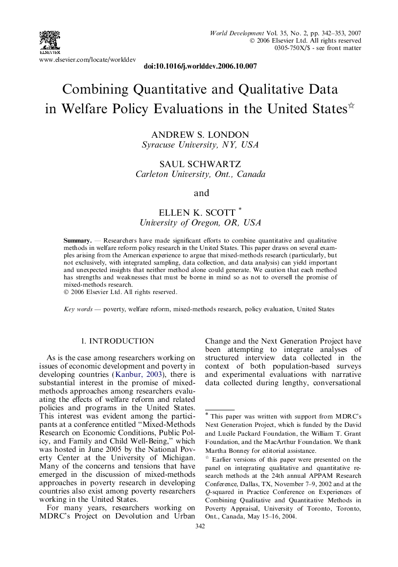 Combining Quantitative and Qualitative Data in Welfare Policy Evaluations in the United States 