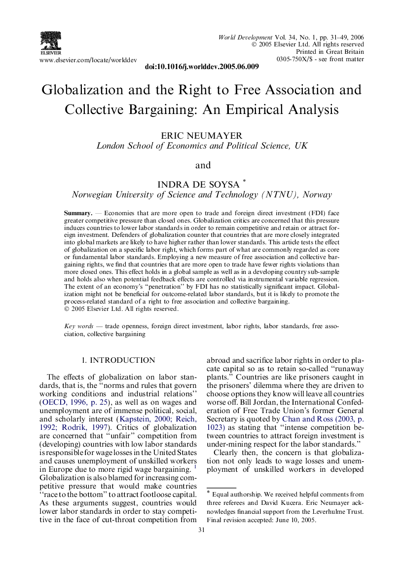 Globalization and the Right to Free Association and Collective Bargaining: An Empirical Analysis