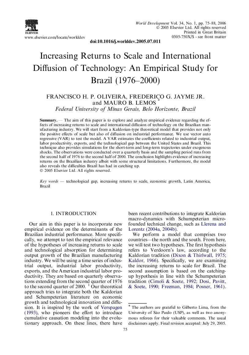 Increasing returns to scale and international diffusion of technology: An empirical study for Brazil (1976–2000)