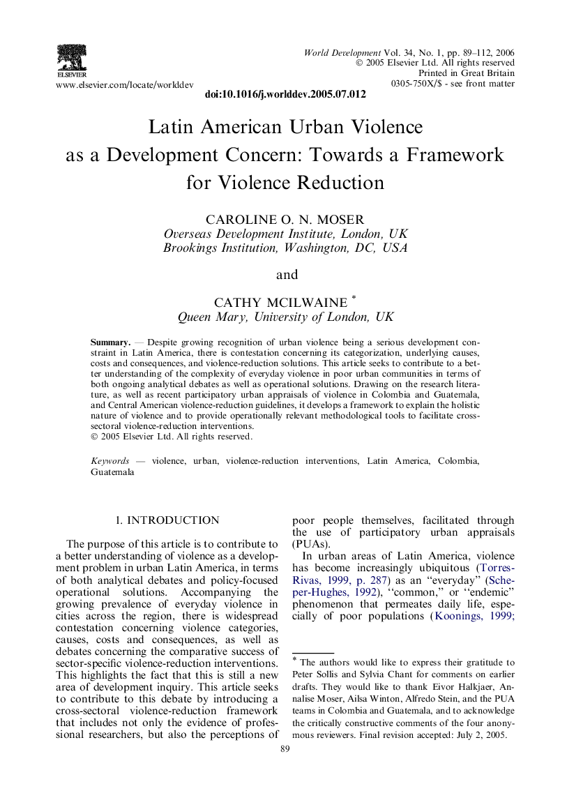 Latin American Urban Violence as a Development Concern: Towards a Framework for Violence Reduction