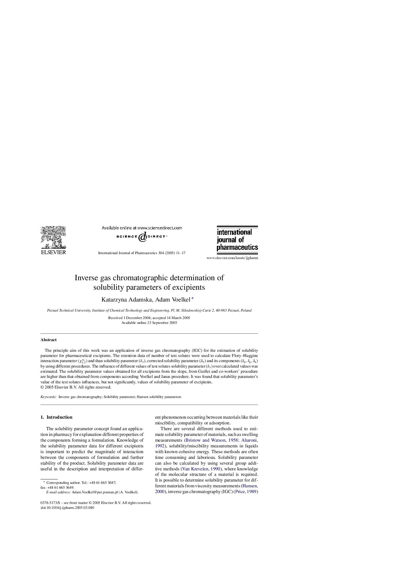 Inverse gas chromatographic determination of solubility parameters of excipients