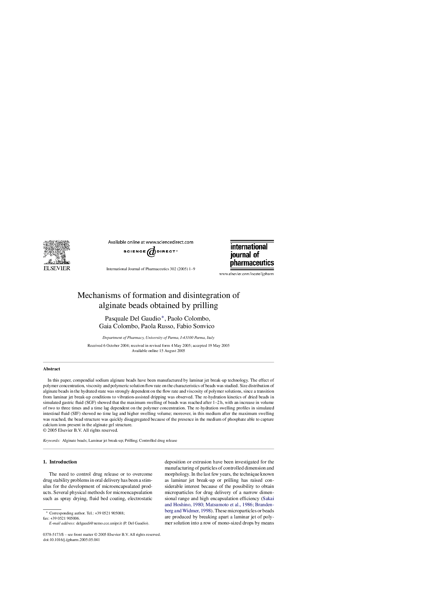 Mechanisms of formation and disintegration of alginate beads obtained by prilling