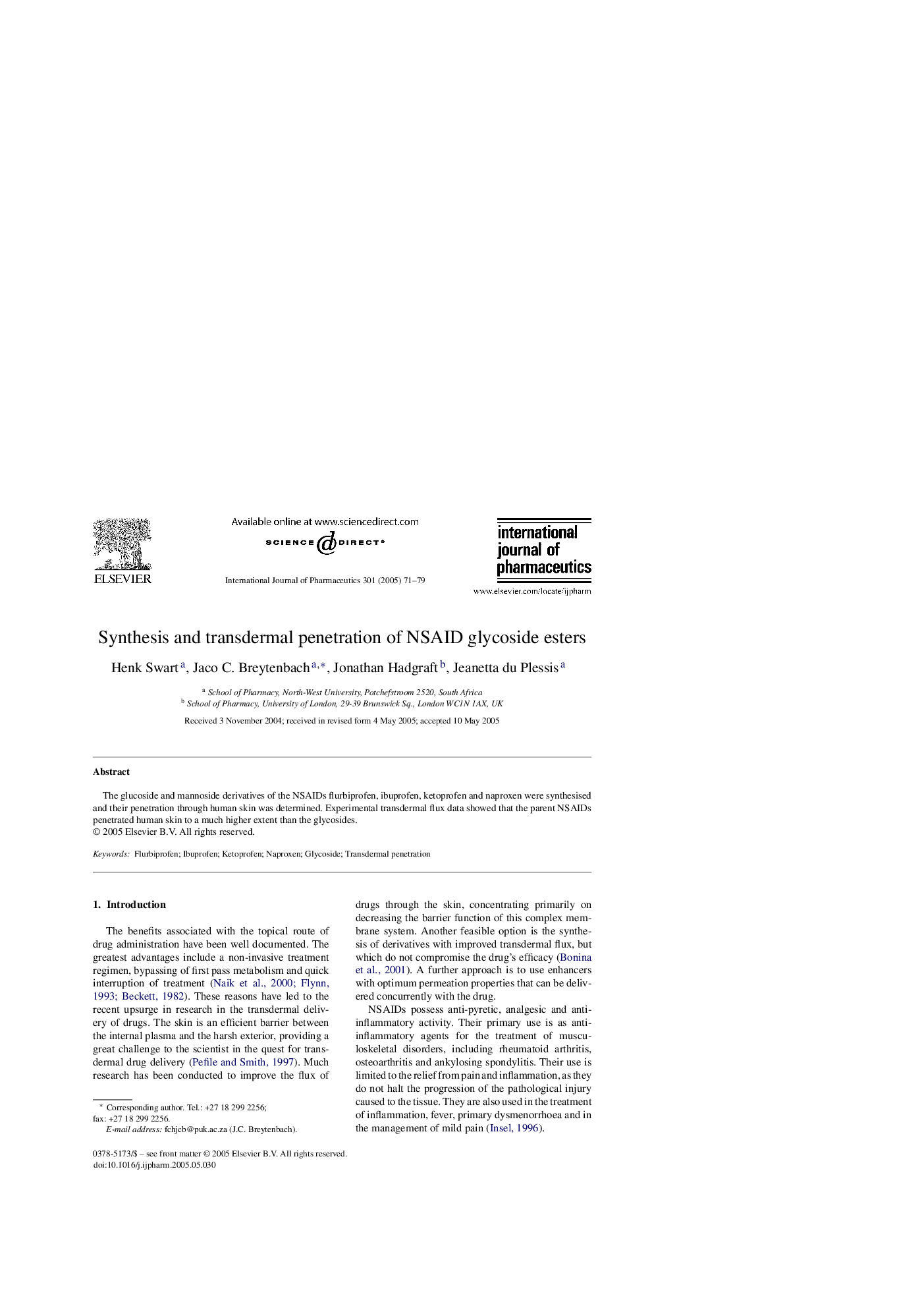 Synthesis and transdermal penetration of NSAID glycoside esters