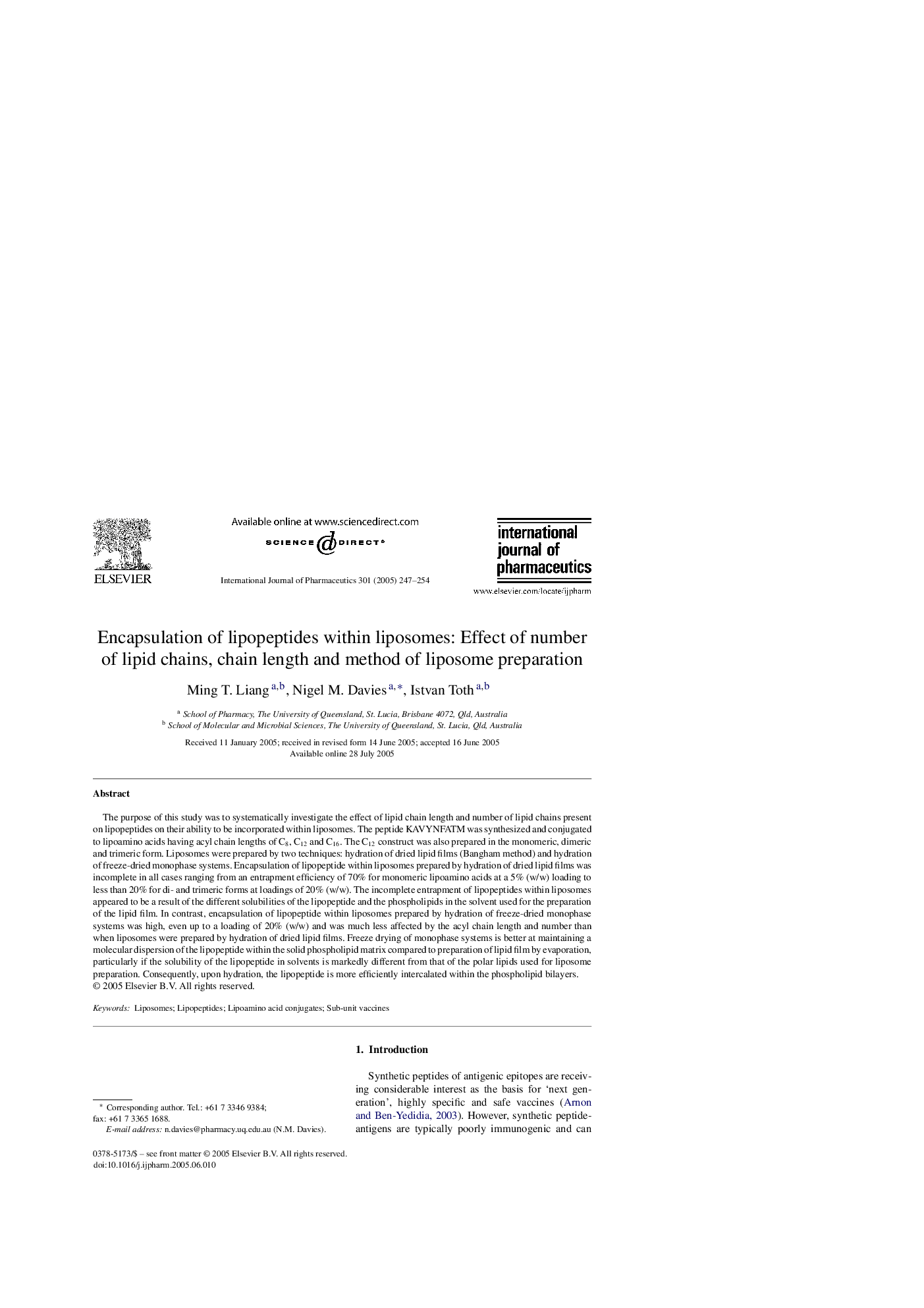 Encapsulation of lipopeptides within liposomes: Effect of number of lipid chains, chain length and method of liposome preparation