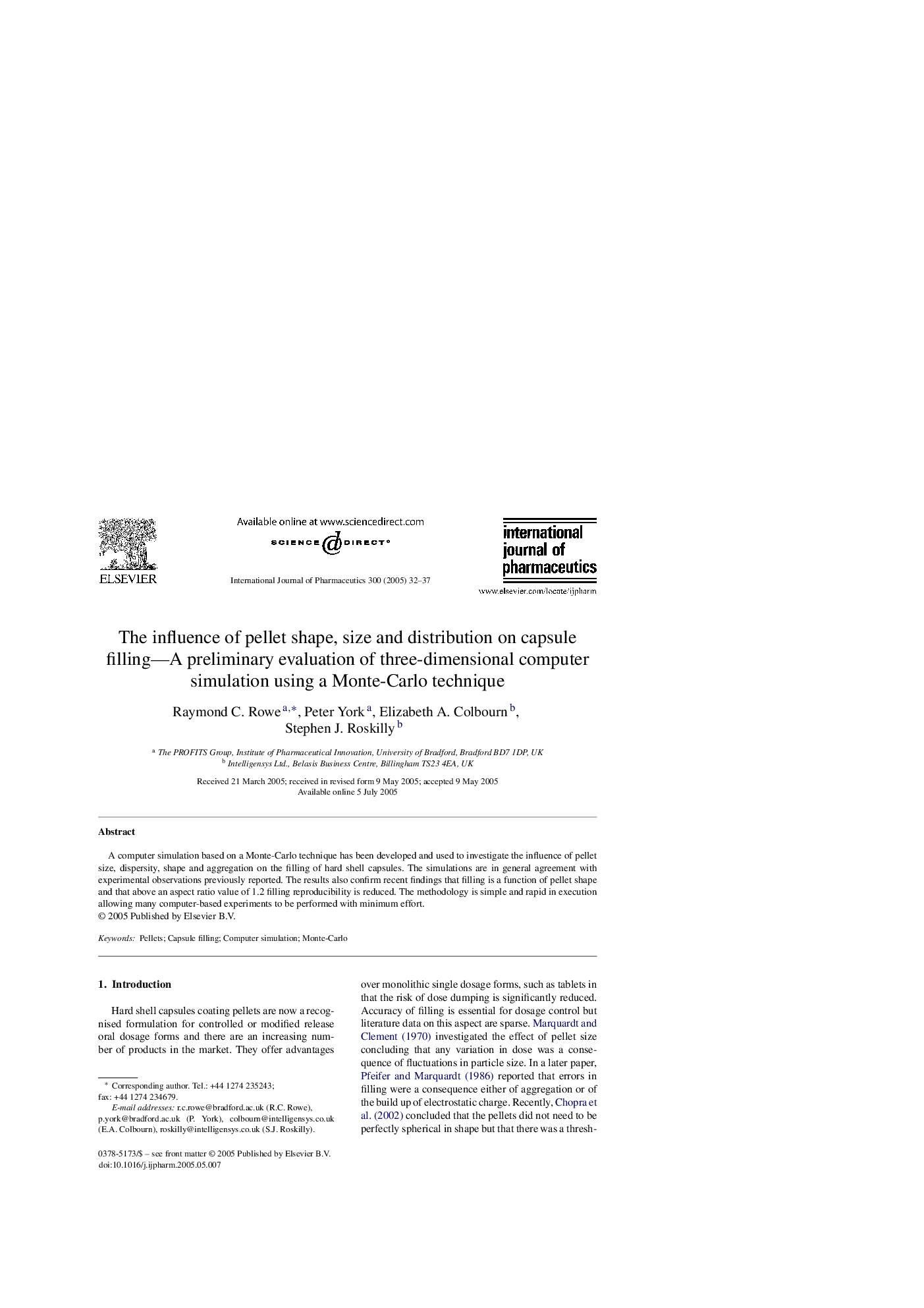 The influence of pellet shape, size and distribution on capsule filling-A preliminary evaluation of three-dimensional computer simulation using a Monte-Carlo technique