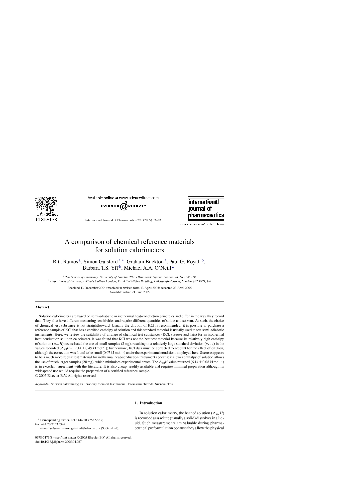 A comparison of chemical reference materials for solution calorimeters