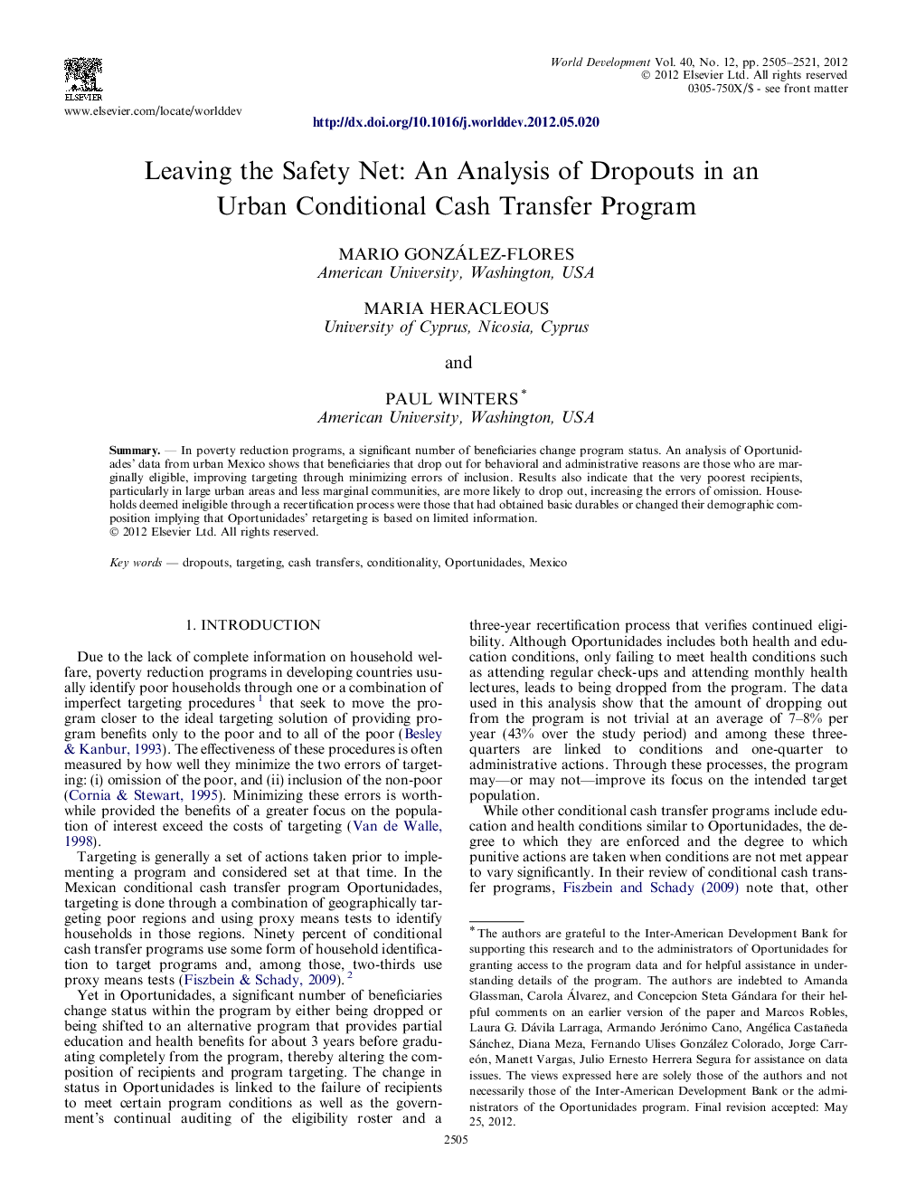 Leaving the Safety Net: An Analysis of Dropouts in an Urban Conditional Cash Transfer Program