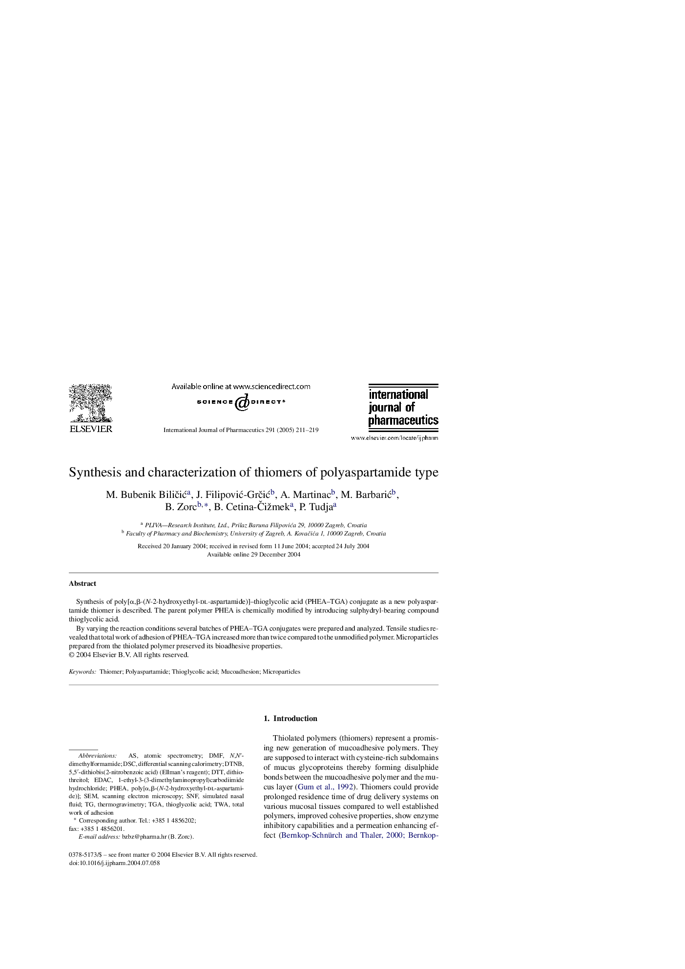 Synthesis and characterization of thiomers of polyaspartamide type