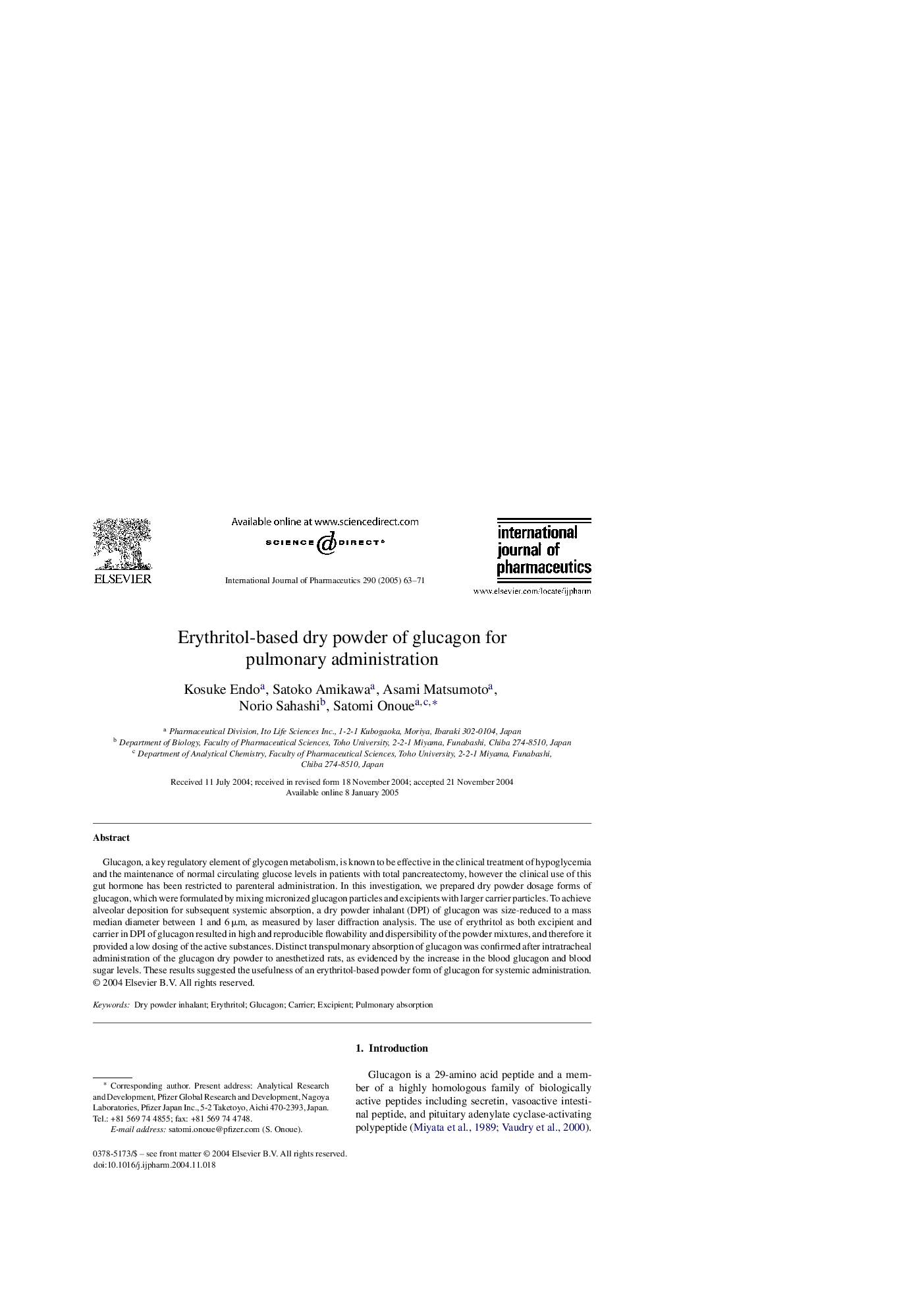 Erythritol-based dry powder of glucagon for pulmonary administration