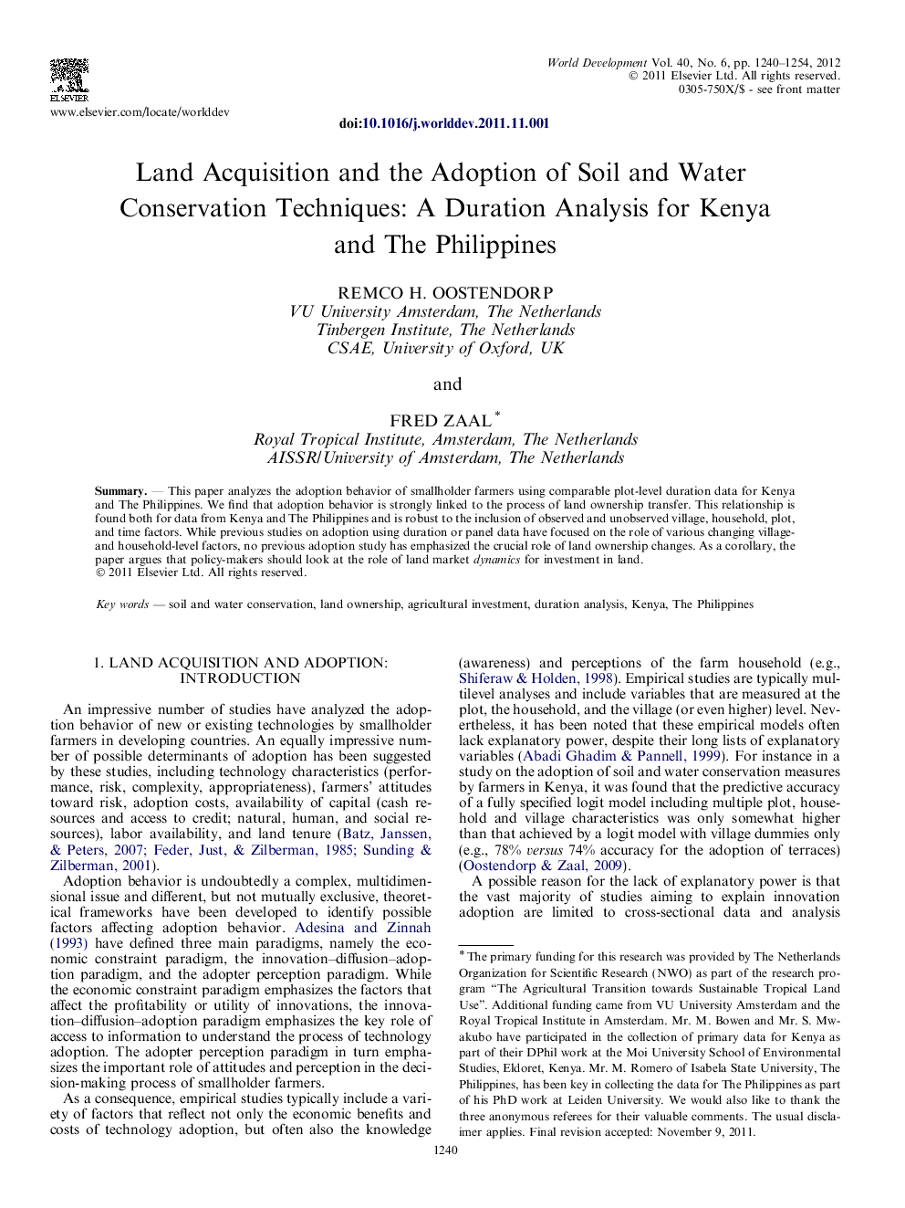 Land Acquisition and the Adoption of Soil and Water Conservation Techniques: A Duration Analysis for Kenya and The Philippines